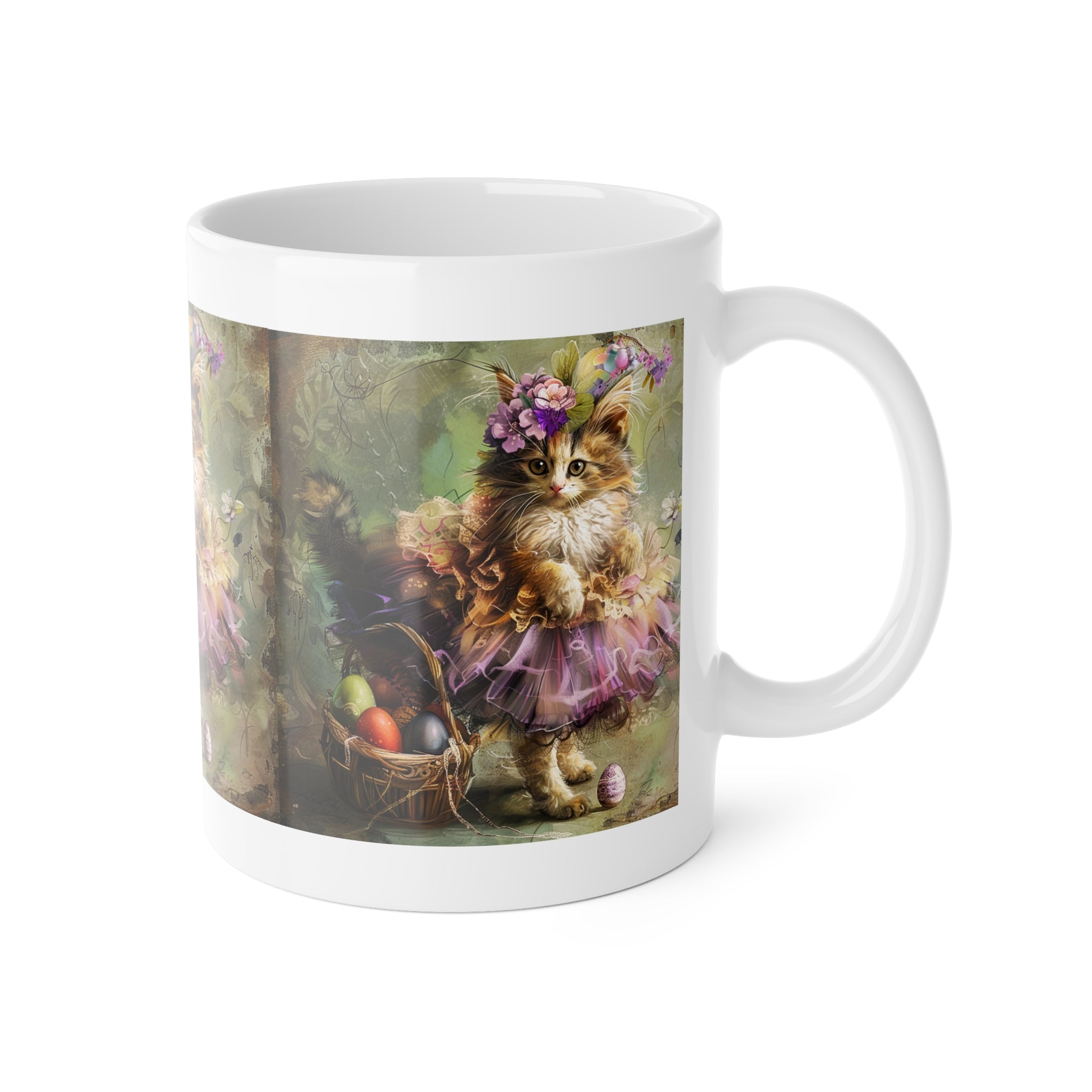 Easter Kitten Ceramic Mug — Vintage Floral Cat in Tutu 11oz