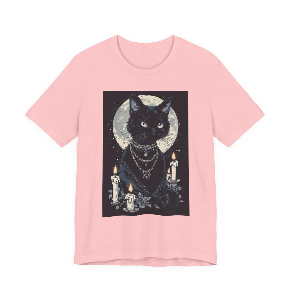 Mystic Moon Black Cat Tee — Gothic Cat T-Shirt with Candles & Crescent Moon
