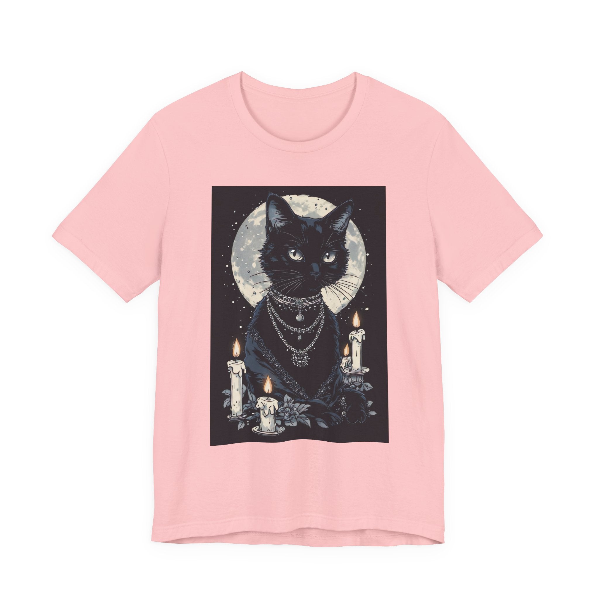 Mystic Moon Black Cat Tee — Gothic Cat T-Shirt with Candles & Crescent Moon