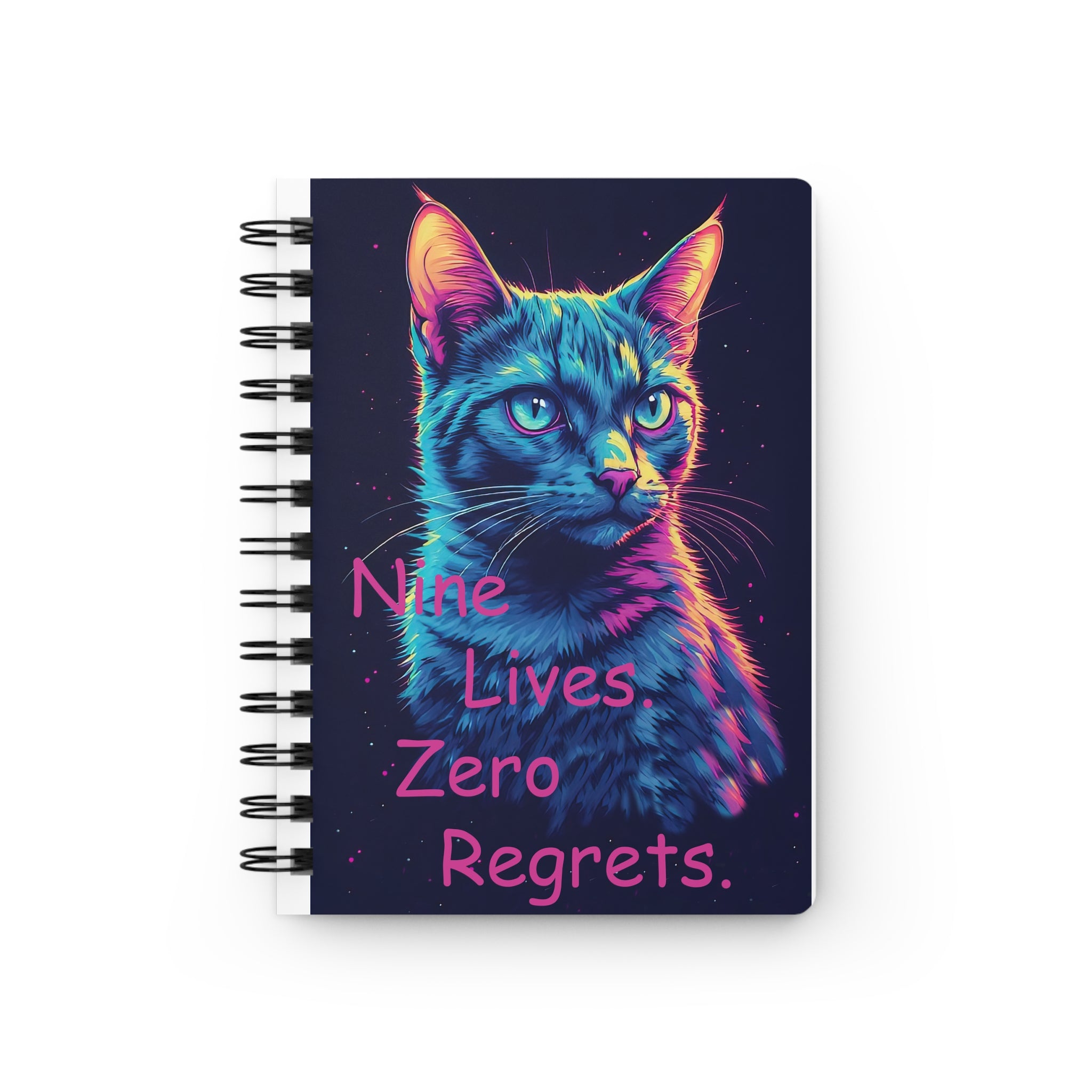 Neon Cat Spiral Notebook — "Nine Lives. Zero Regrets." Journal