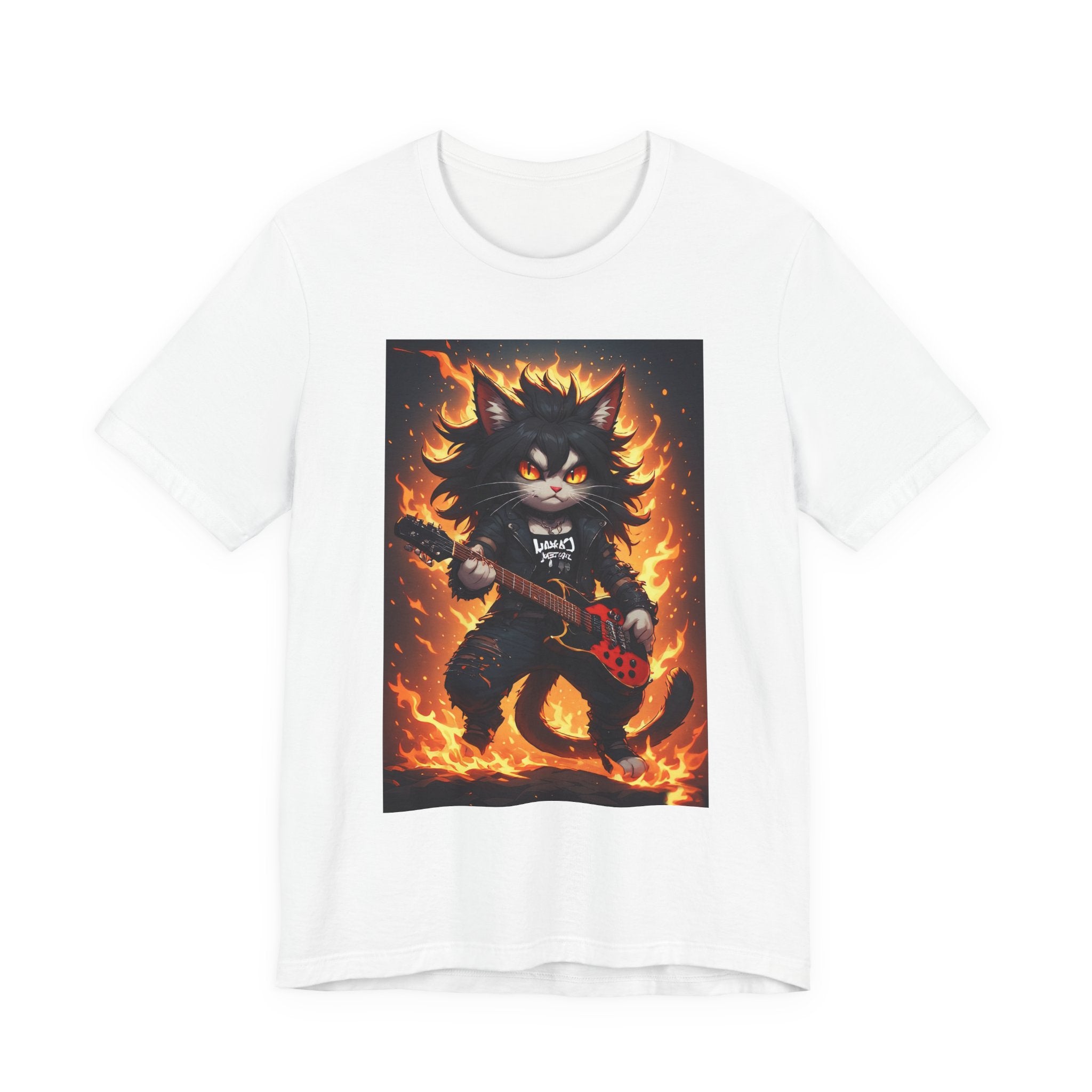 Flaming Rock Cat Graphic Tee — "Heavy Metal" Guitar Kitty Shirt