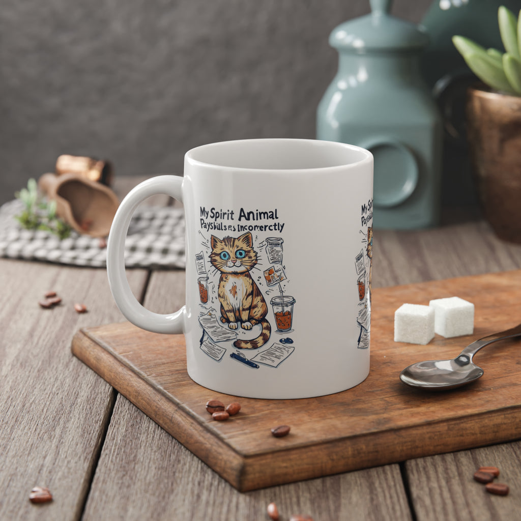 Cat Spirit Animal Mug — "My Spirit Animal Pays Bills Incorrectly" 11oz Ceramic Coffee Cup