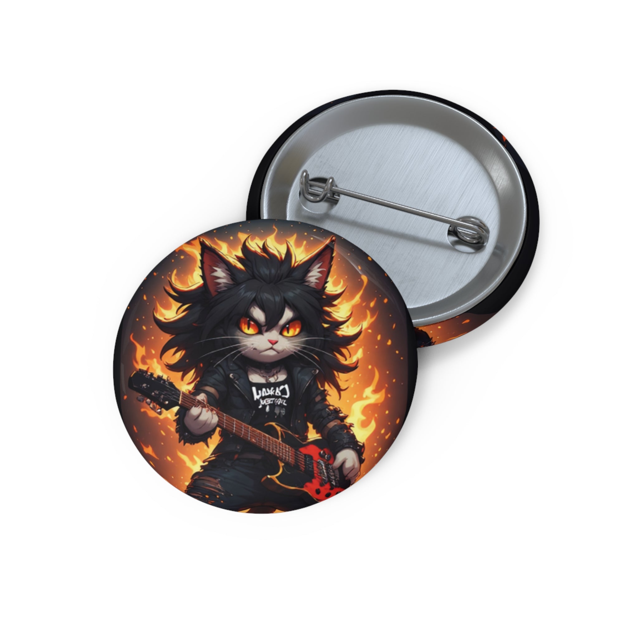 Rock Cat Guitar Pin Button — Flame-Lit Cute Punk Enamel-Style Badge