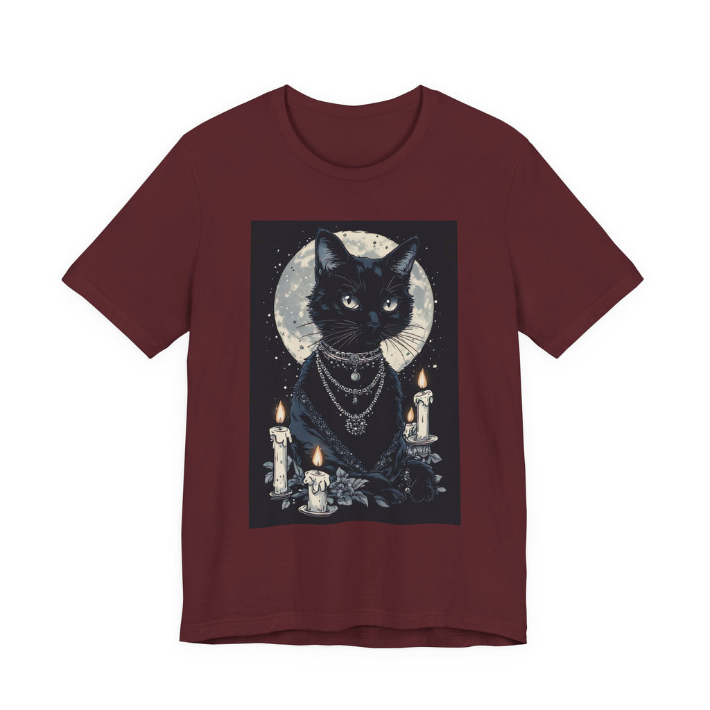 Mystic Moon Black Cat Tee — Gothic Cat T-Shirt with Candles & Crescent Moon