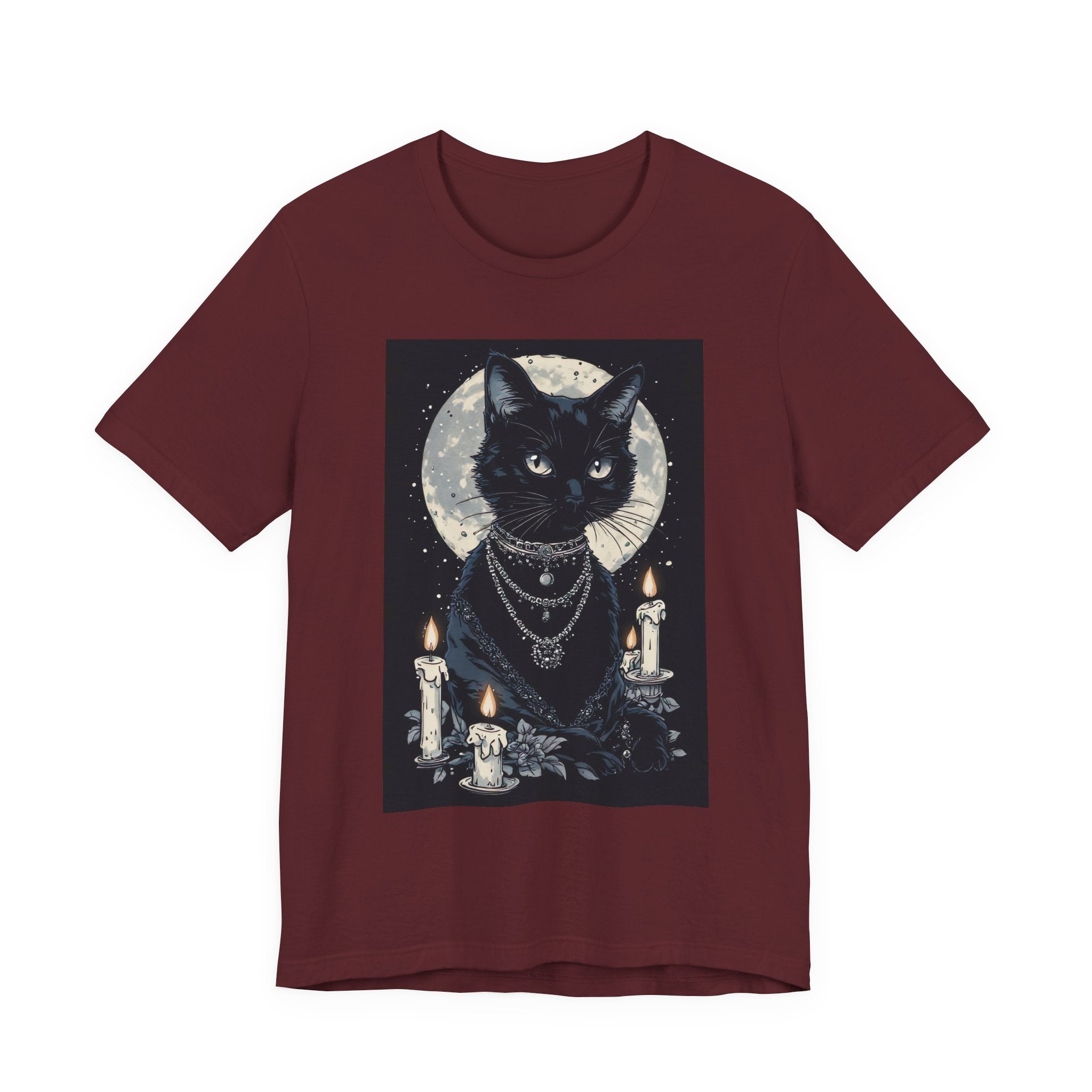 Mystic Moon Black Cat Tee — Gothic Cat T-Shirt with Candles & Crescent Moon