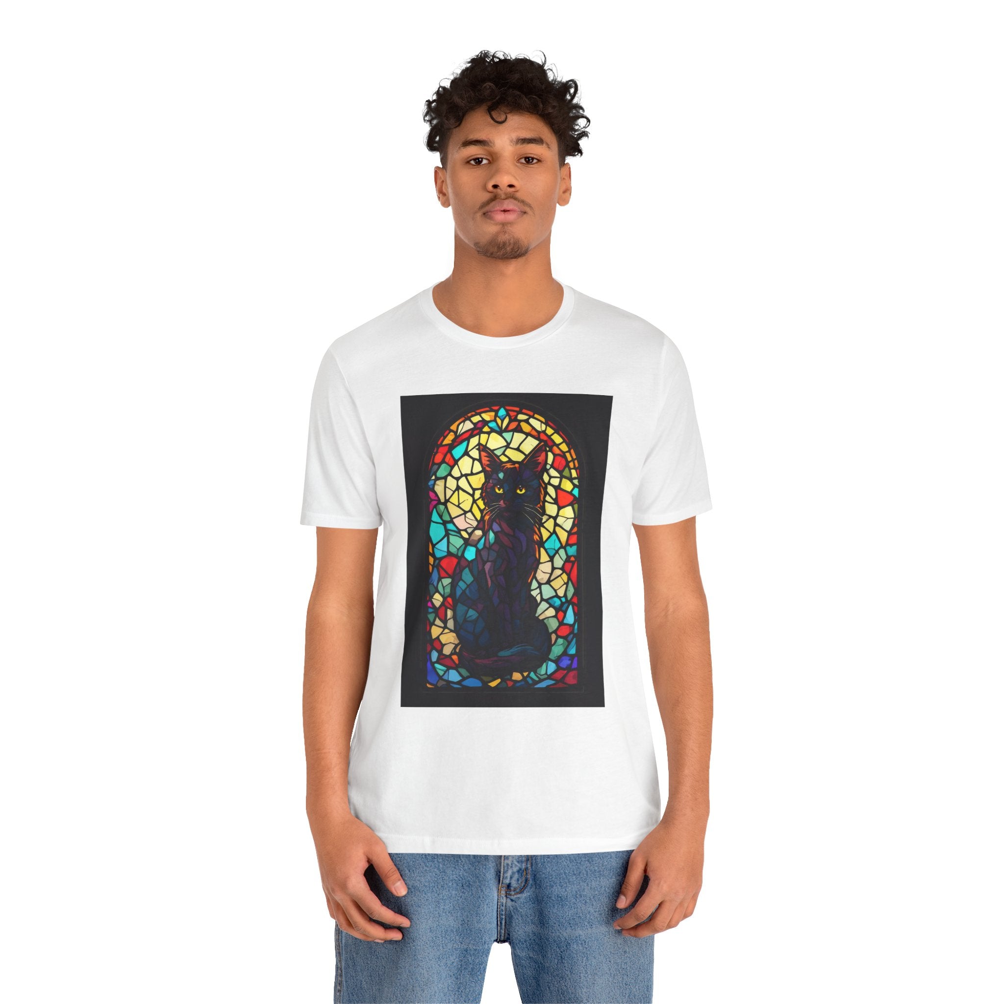 Stained Glass Black Cat T‑Shirt — Gothic Cat Art Tee