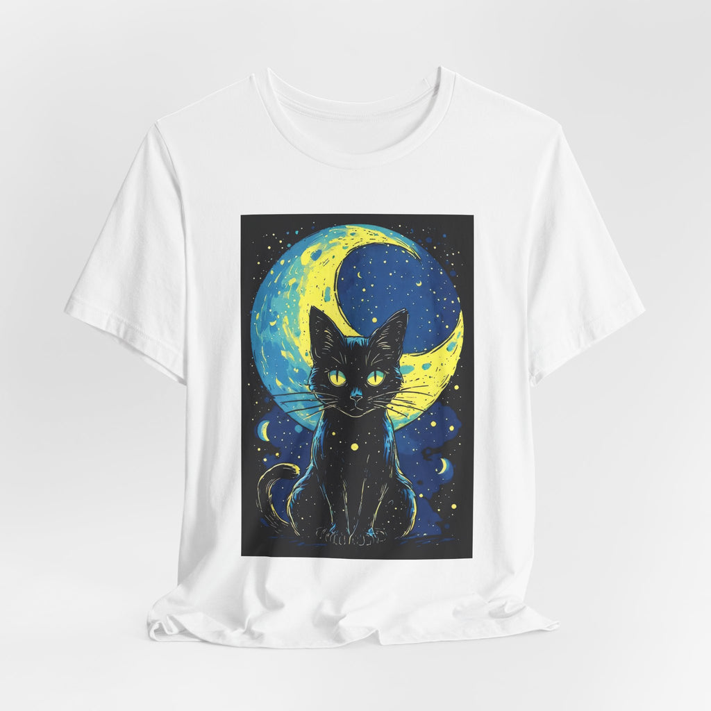 Cat Moon T-Shirt — Black Cat Illustration Tee with Crescent Moon Night Sky
