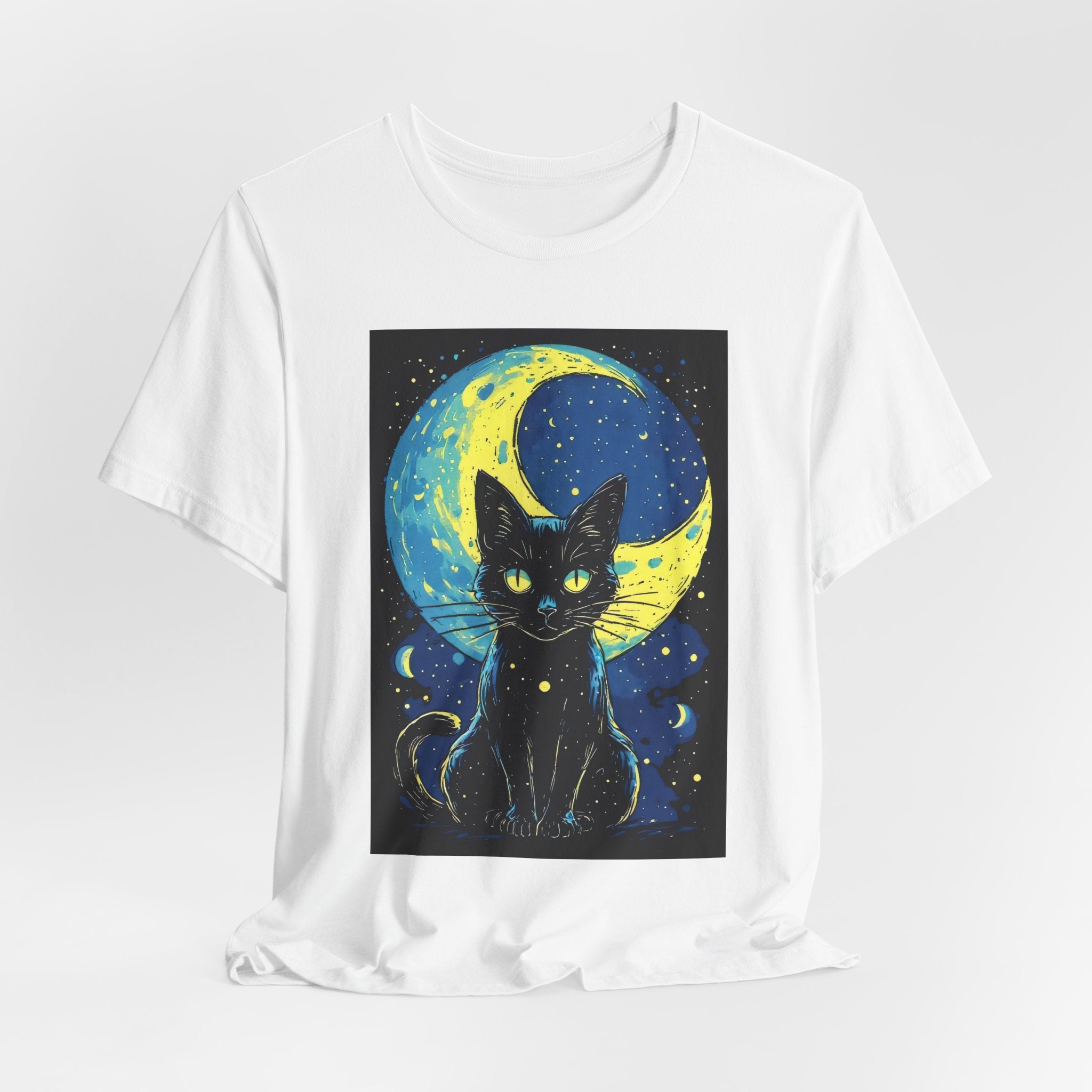 Cat Moon T-Shirt — Black Cat Illustration Tee with Crescent Moon Night Sky