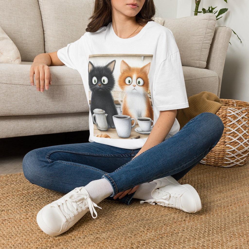 Cute Coffee Cats T‑Shirt — Wide‑Eyed Black & Ginger Kittens Graphic Tee