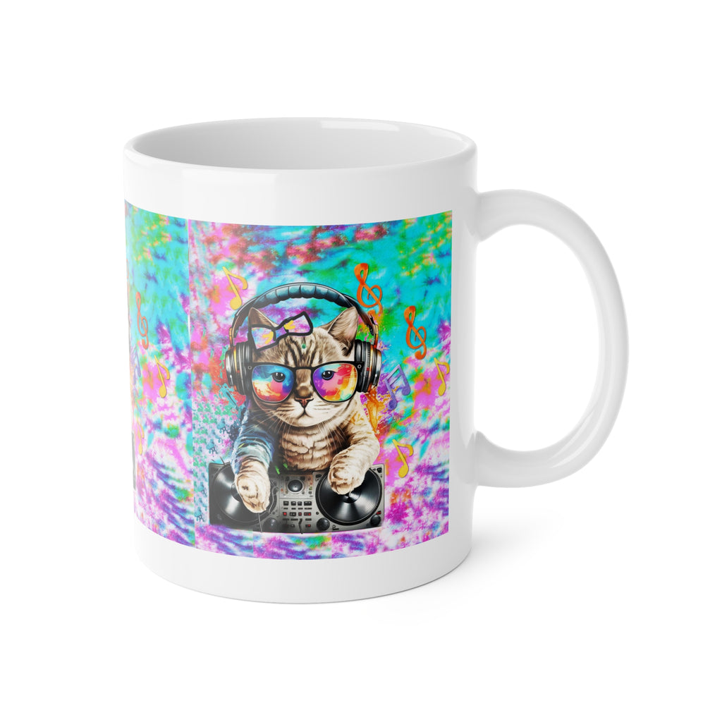DJ Cat Ceramic Mug — Colorful Retro Cat with Headphones & Turntable, 11oz Coffee Cup