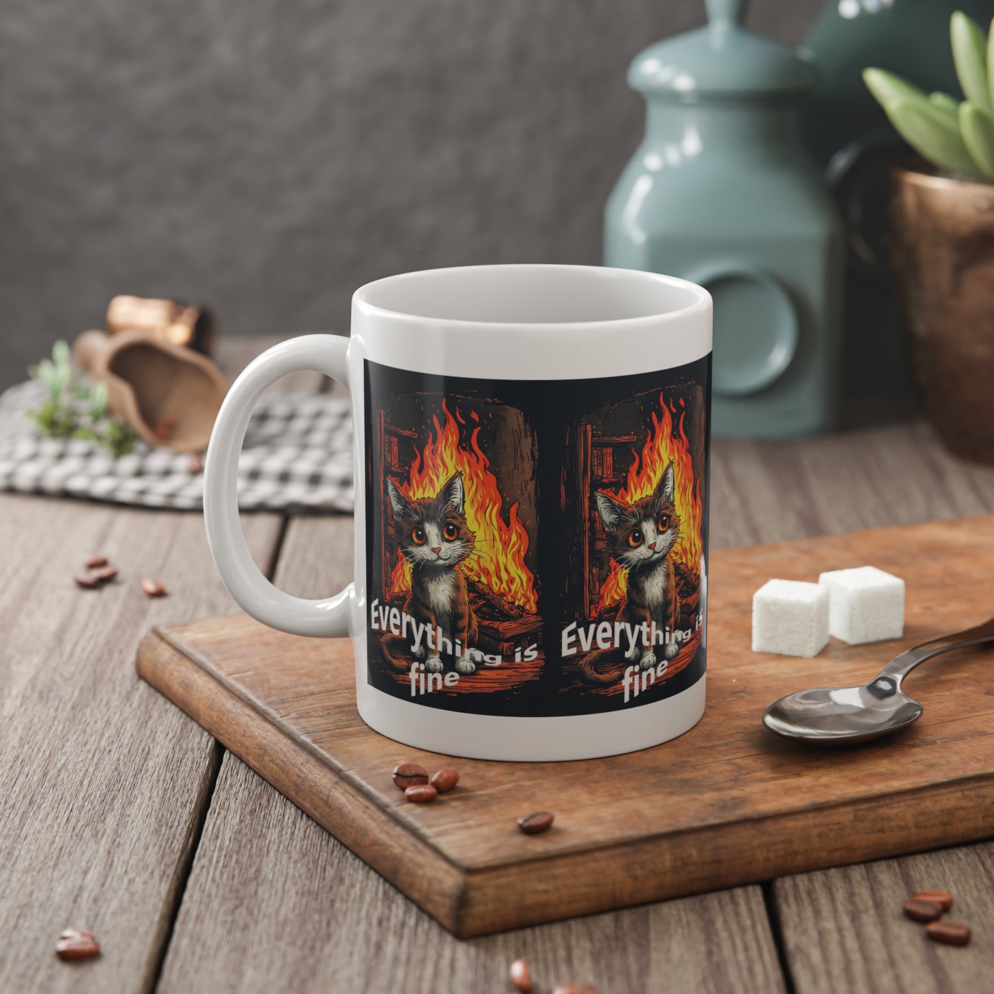Everything Is Fine Cat Mug — Funny Kawaii Cat in Flames Coffee Mug