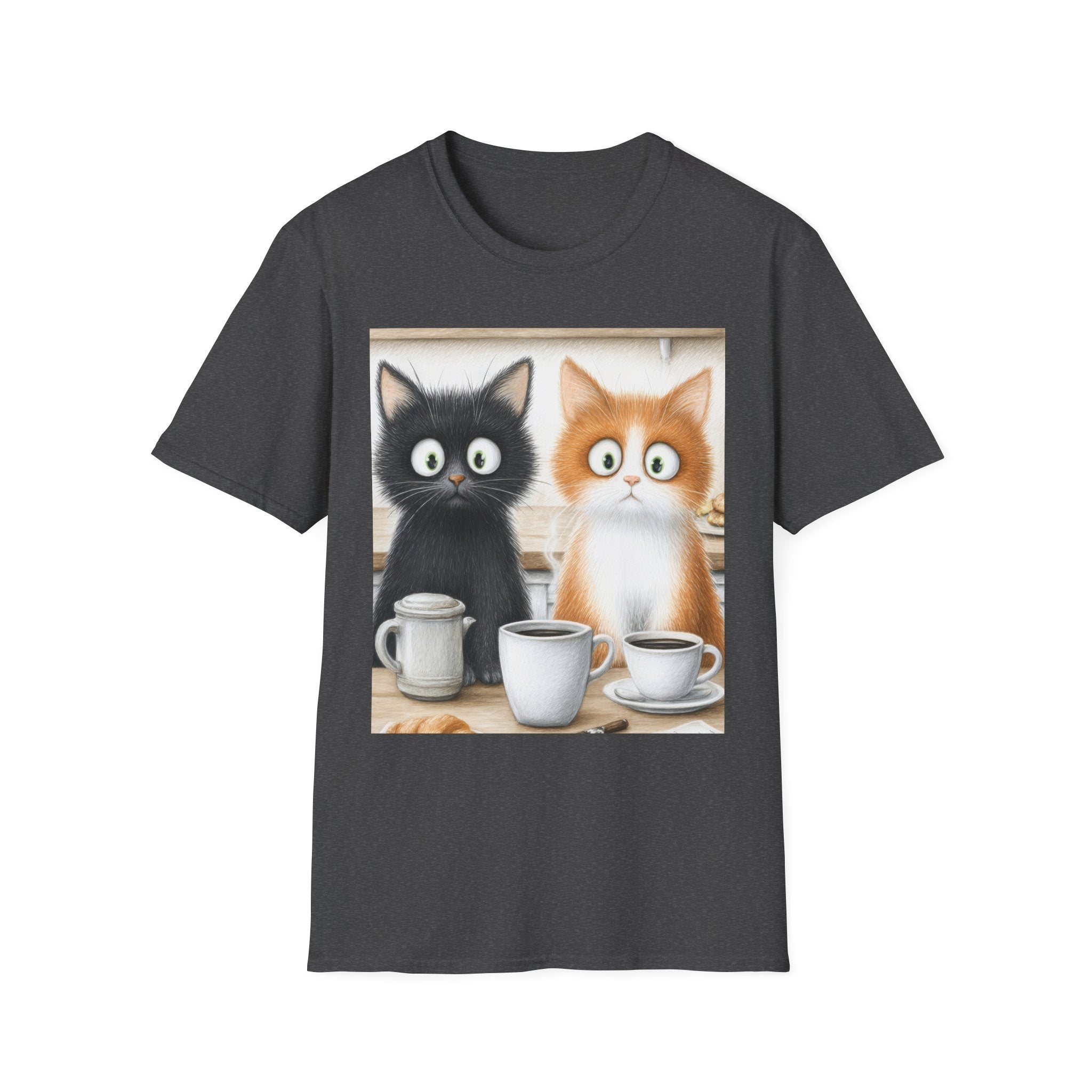 Cute Coffee Cats T‑Shirt — Wide‑Eyed Black & Ginger Kittens Graphic Tee