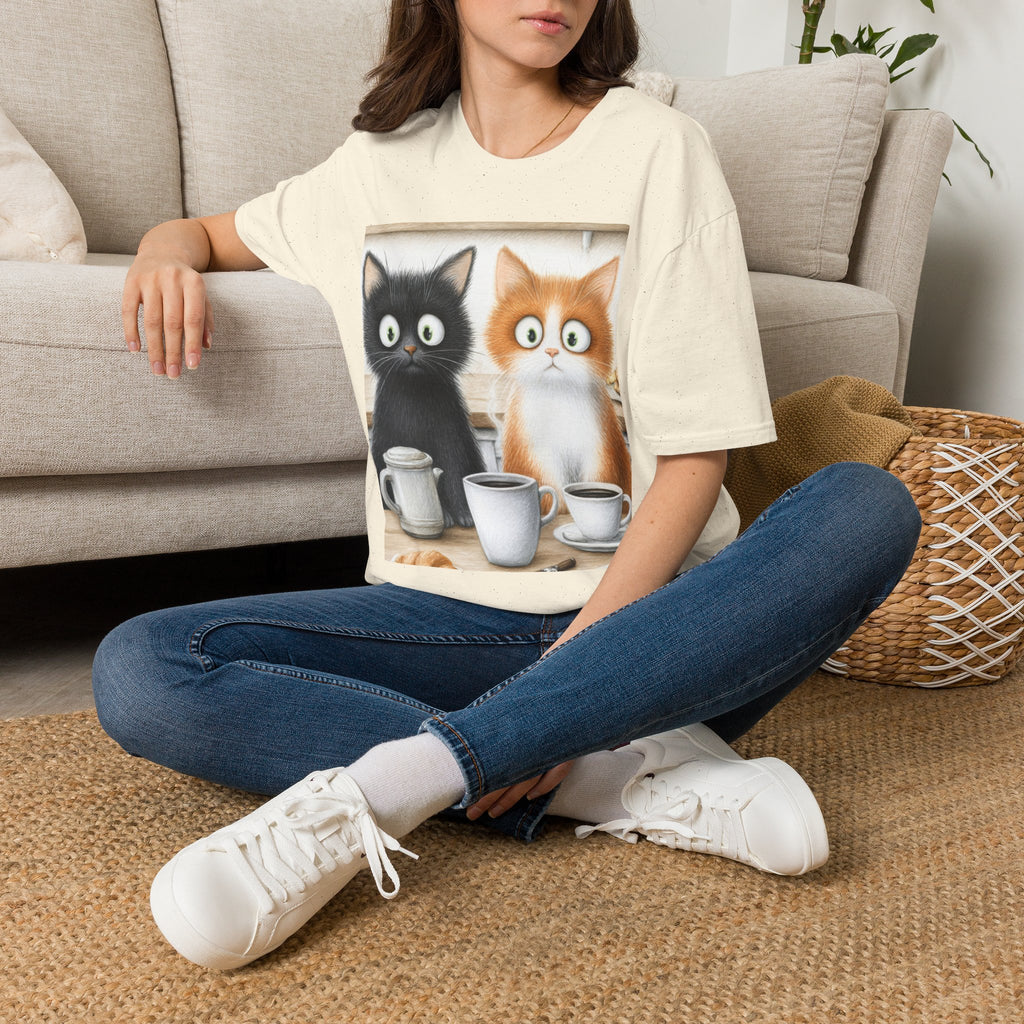 Cute Coffee Cats T‑Shirt — Wide‑Eyed Black & Ginger Kittens Graphic Tee