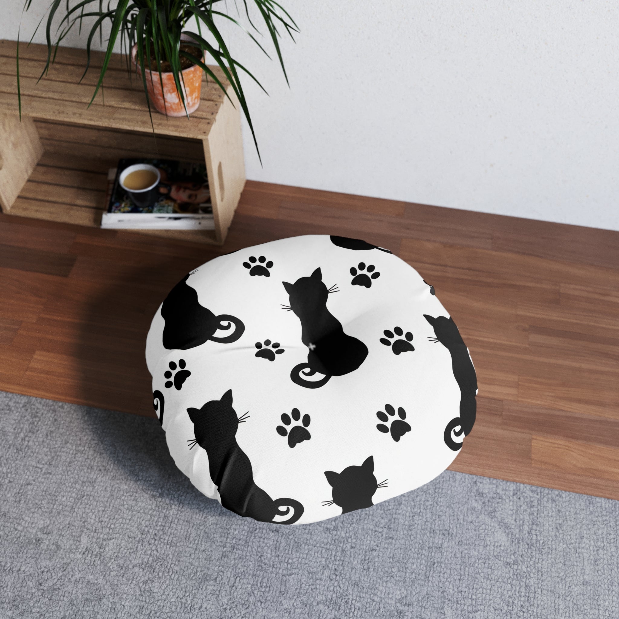 Round Tufted Floor Pillow — Black Cat Silhouette & Paw Print Pattern