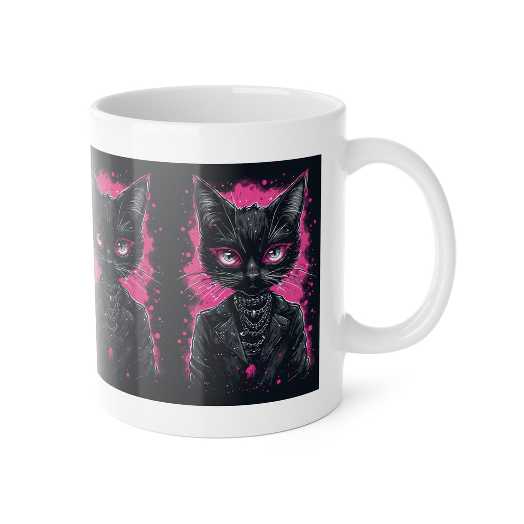 Gothic Black Cat Mug — Pink Neon Kitty Portrait Ceramic Coffee Cup, Cute Alternative Gift