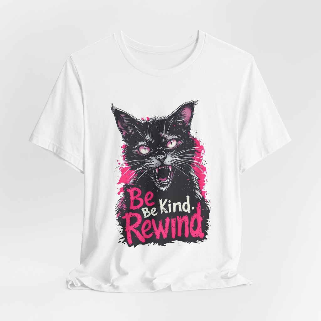 Be Kind Rewind Cat T-Shirt — Retro Neon Graphic Tee