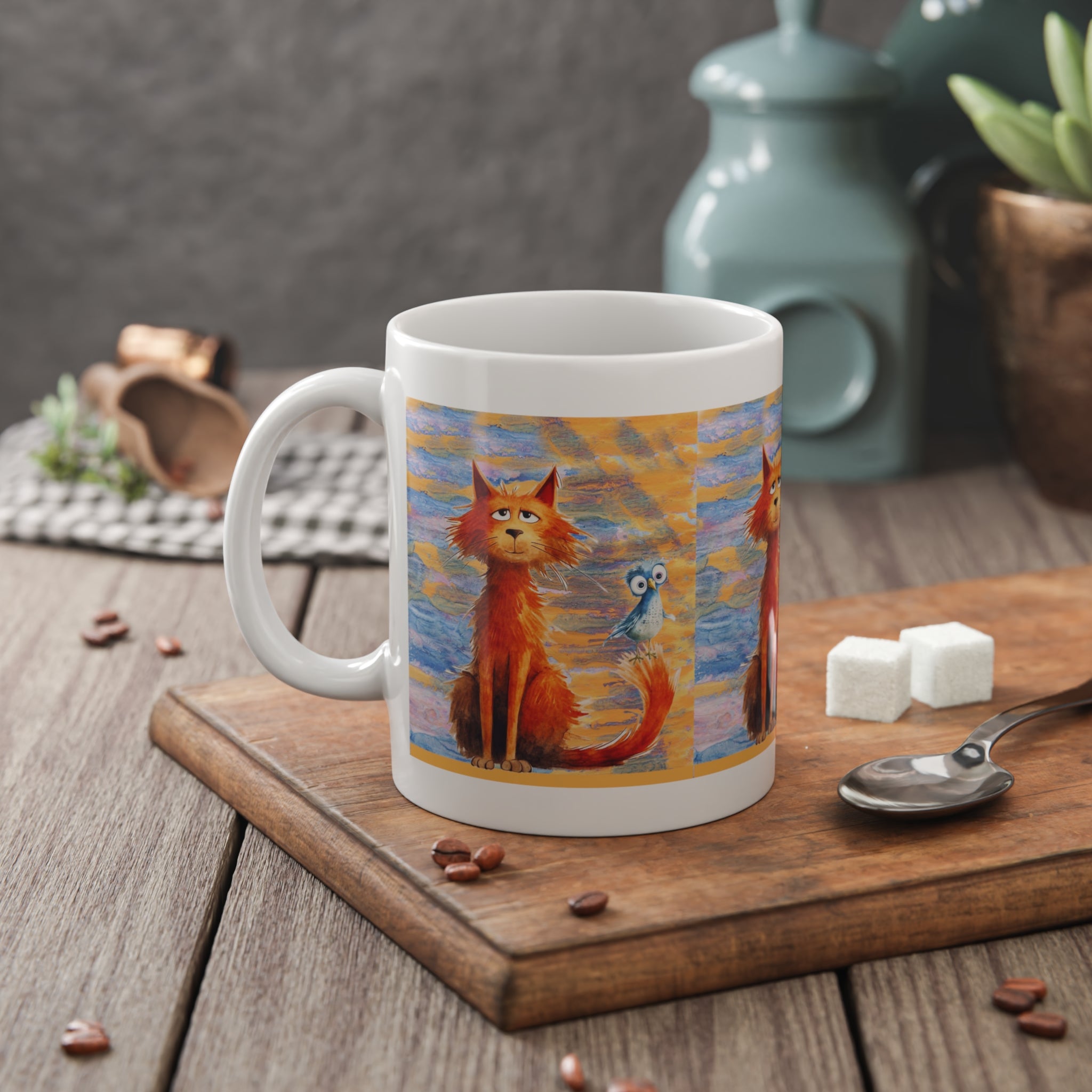 Whimsical Cat & Owl Ceramic Mug — Colorful 11oz Tea Coffee Cup