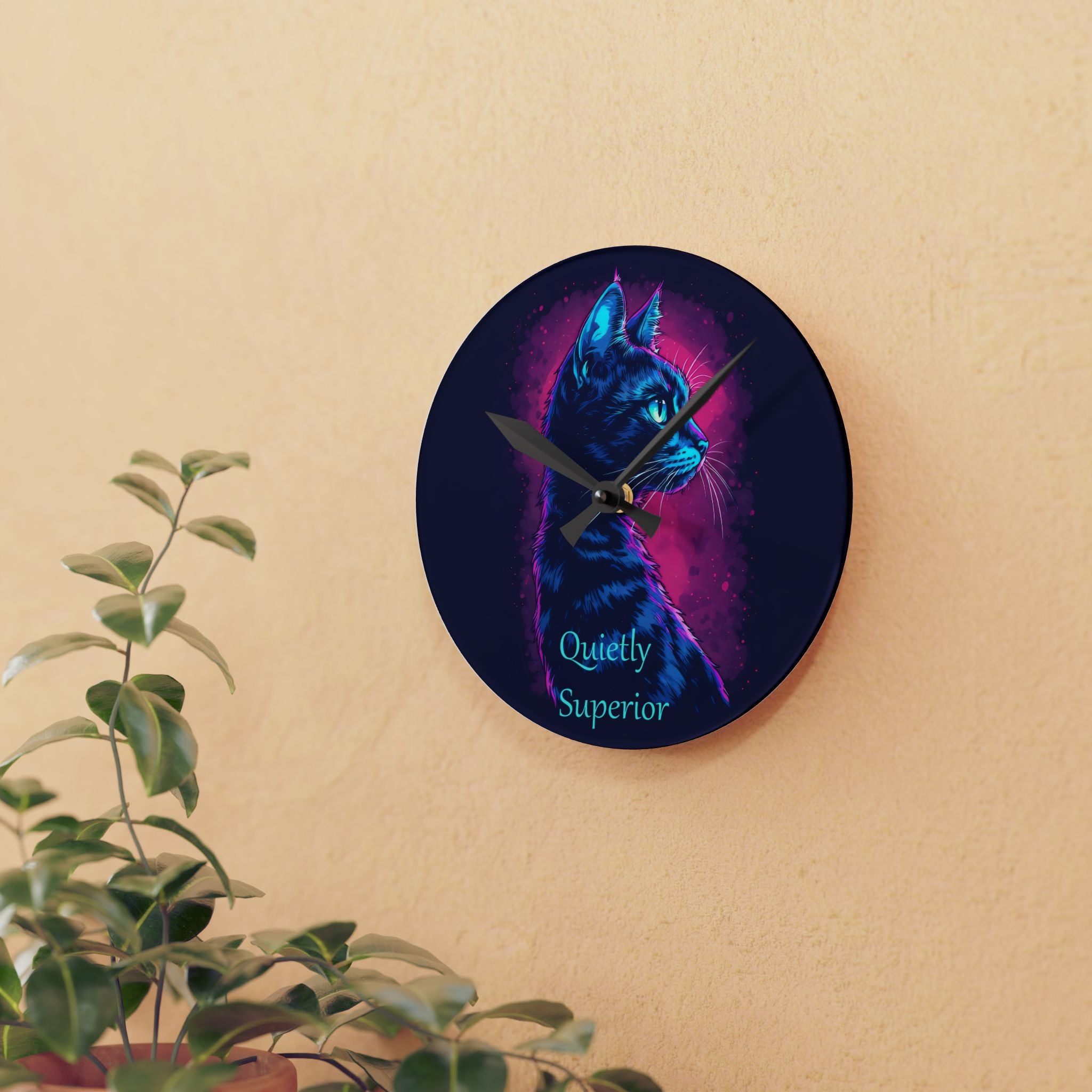 Quietly Superior Black Cat Wall Clock – Neon Gothic Feline Decor