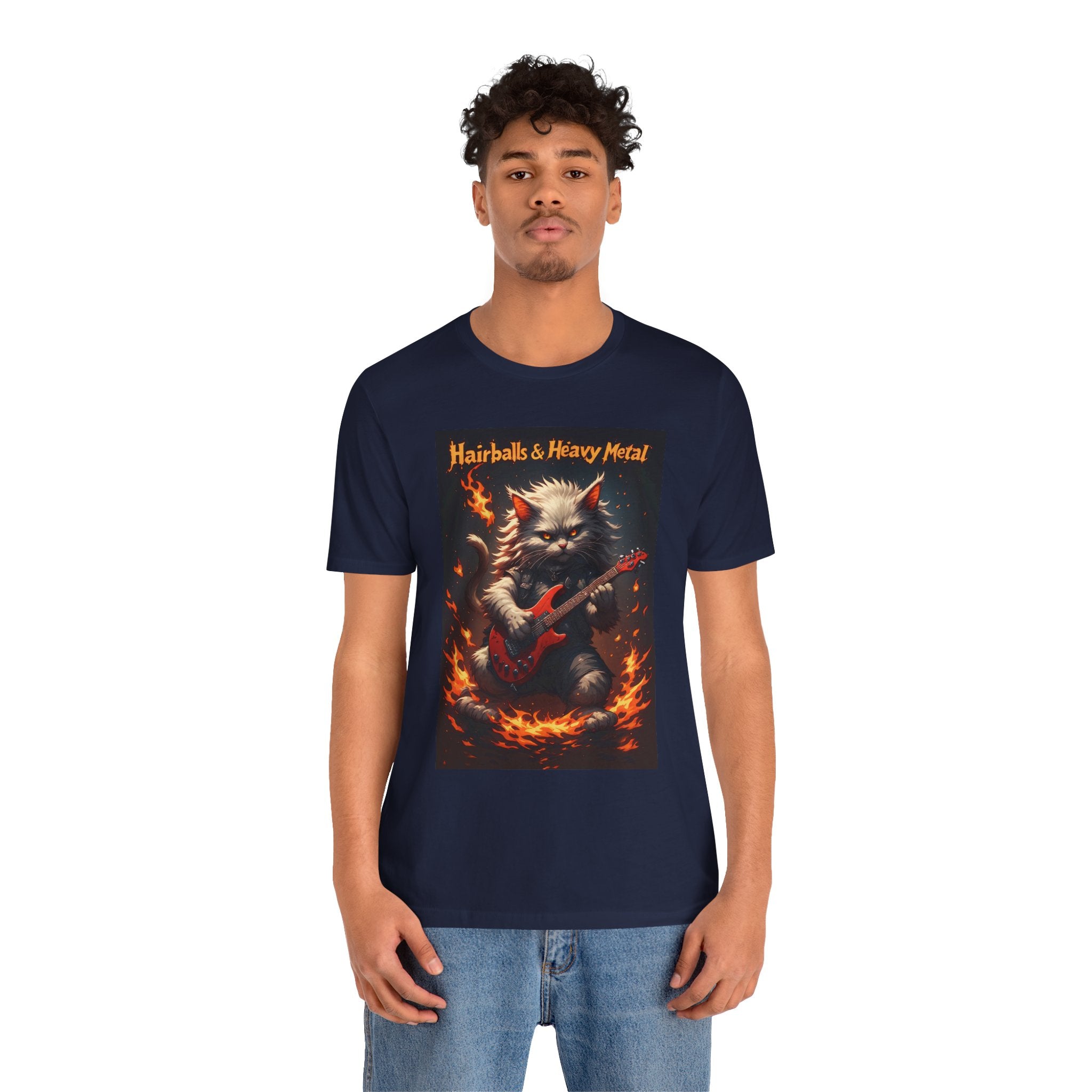 Hairballs & Heavy Metal T‑Shirt — Cat Guitarist Rock Tee