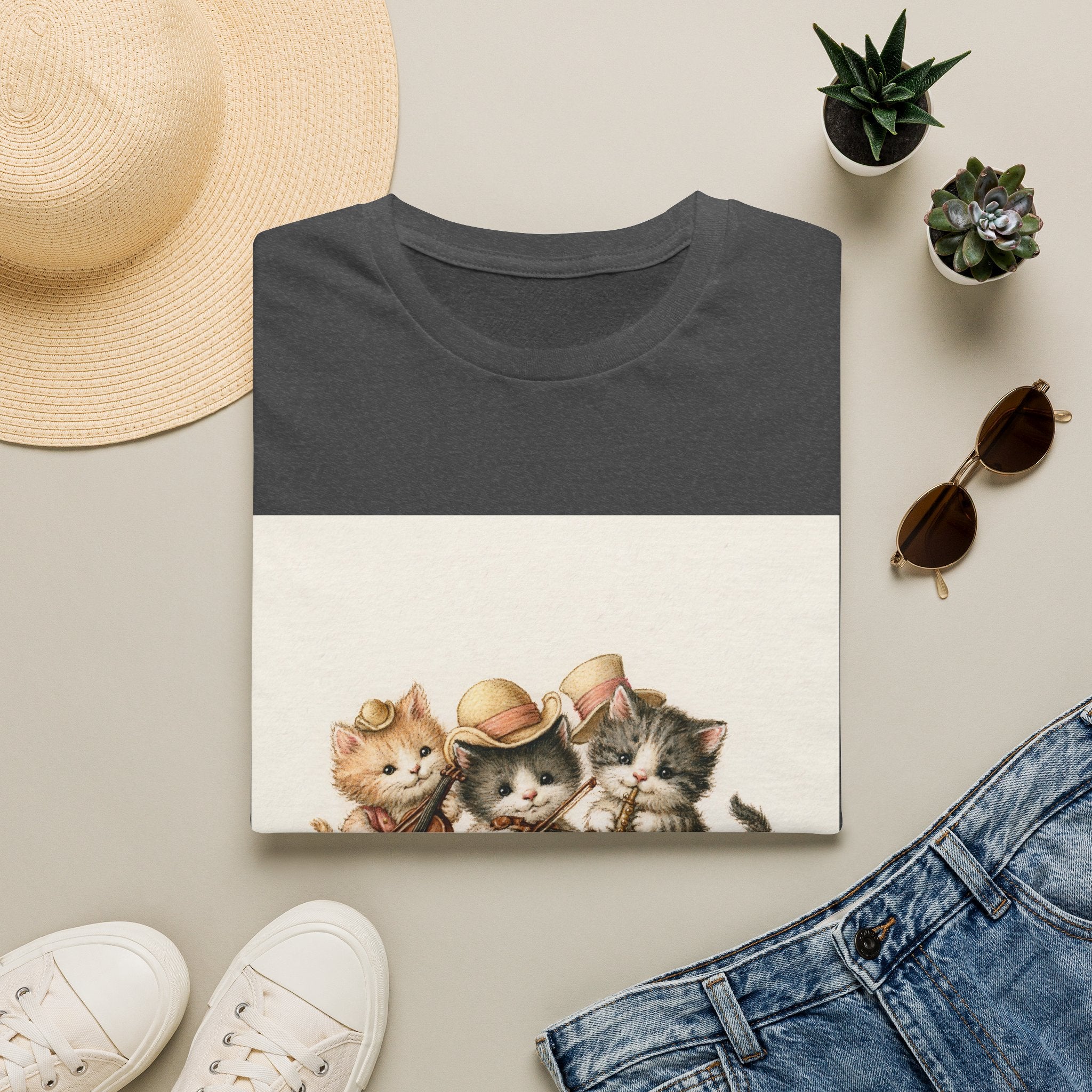 Cute Coffee Cats T‑Shirt — Wide‑Eyed Black & Ginger Kittens Graphic Tee