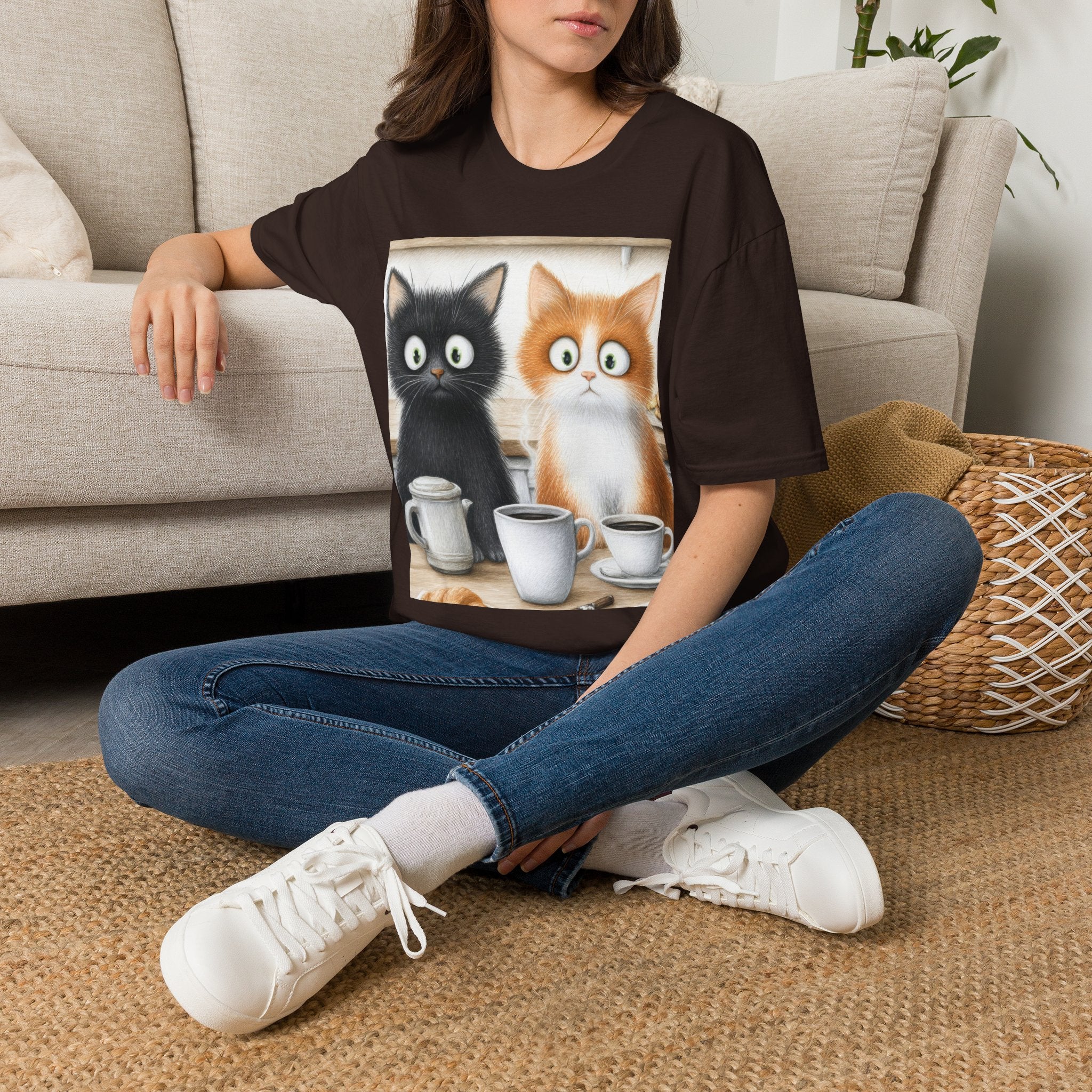 Cute Coffee Cats T‑Shirt — Wide‑Eyed Black & Ginger Kittens Graphic Tee