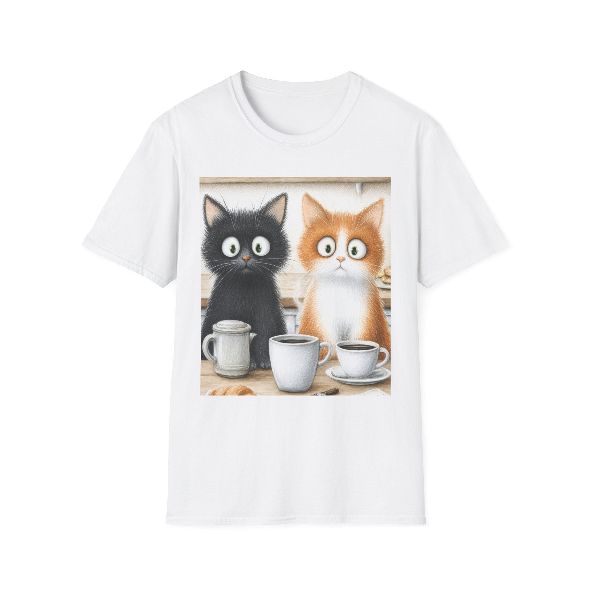Cute Coffee Cats T‑Shirt — Wide‑Eyed Black & Ginger Kittens Graphic Tee