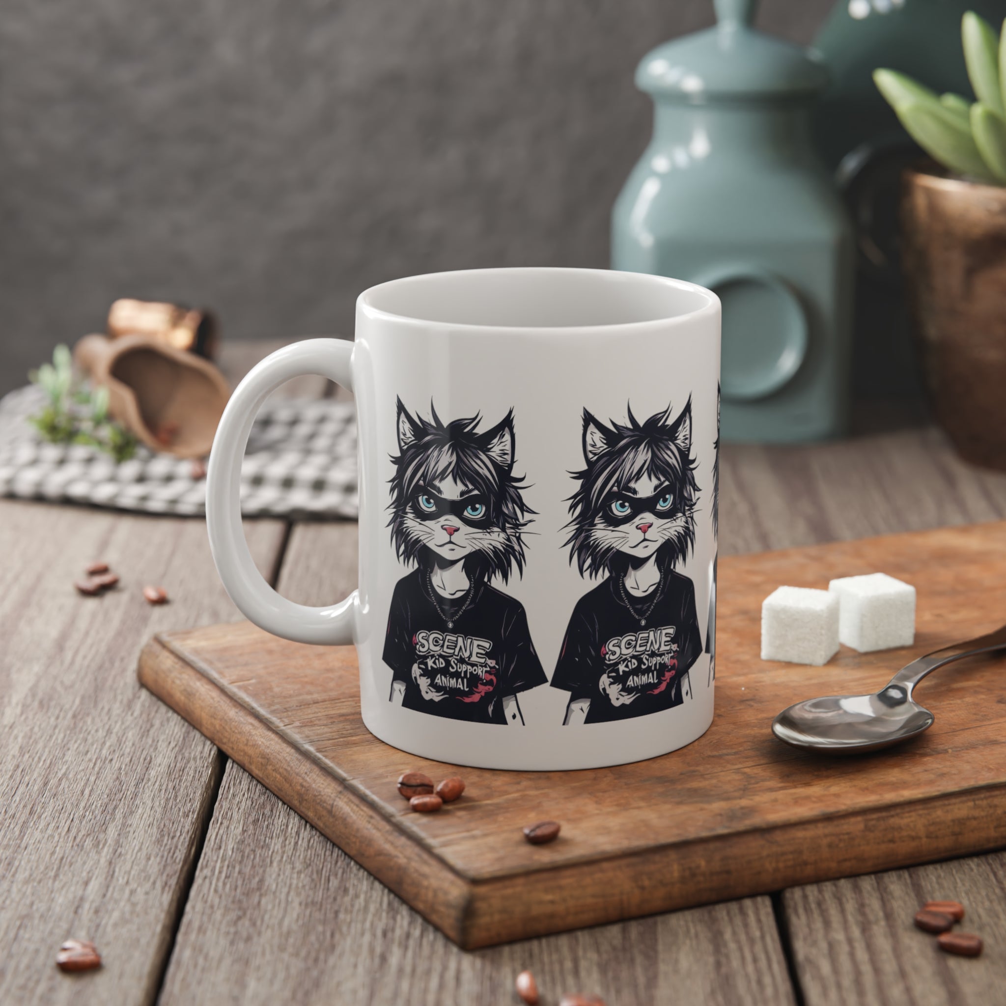 Scene Kid Cat Mug — Retro Emo Cat Illustration "Scene Kid" 11oz Ceramic Coffee Cup