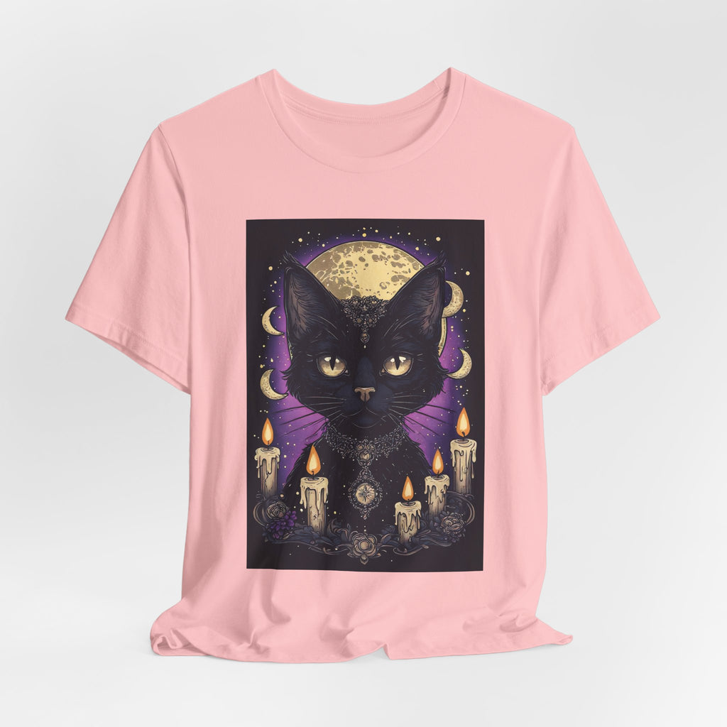 Mystic Black Cat Tee — Moon, Candles & Crescent Phases Graphic T-Shirt