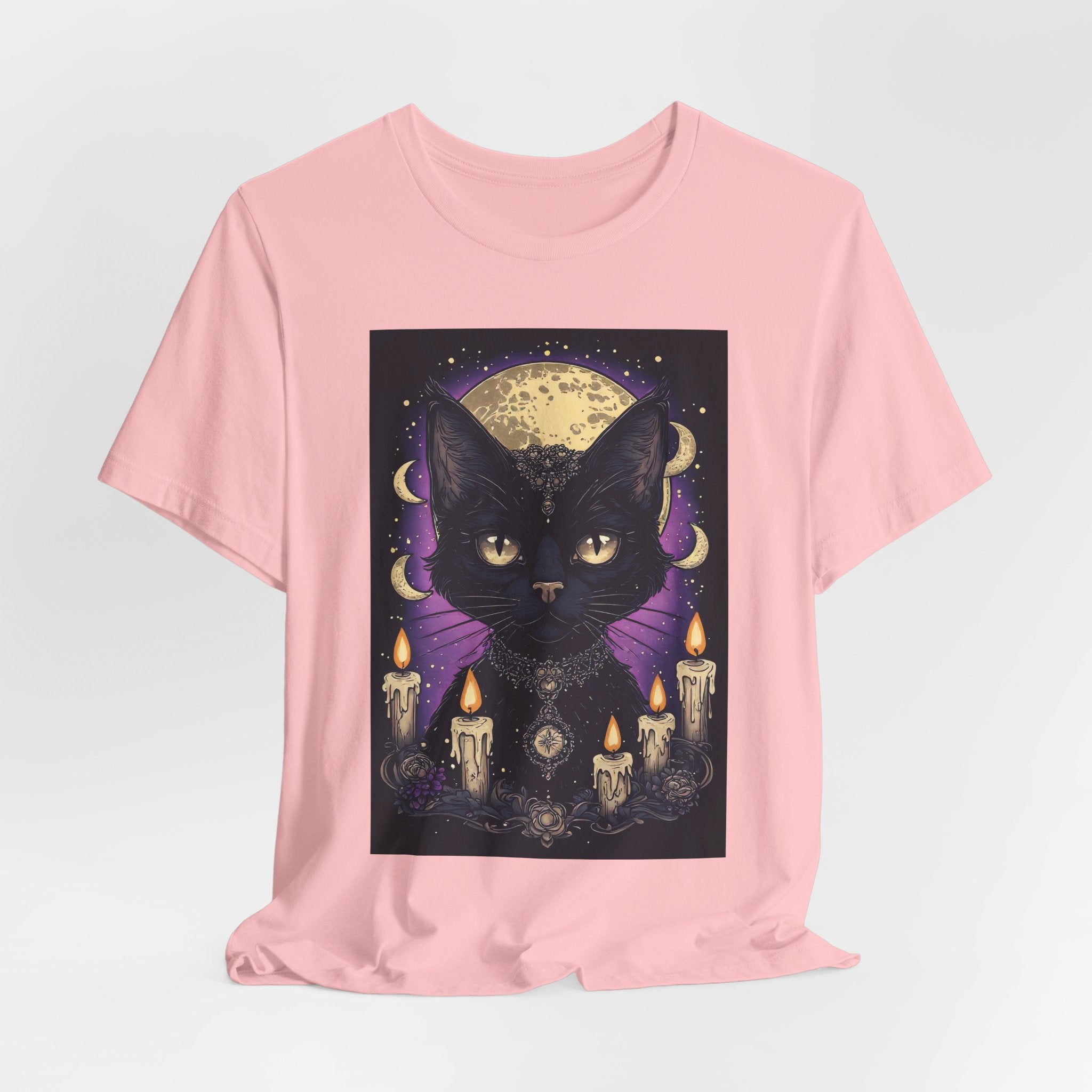 Mystic Black Cat Tee — Moon, Candles & Crescent Phases Graphic T-Shirt