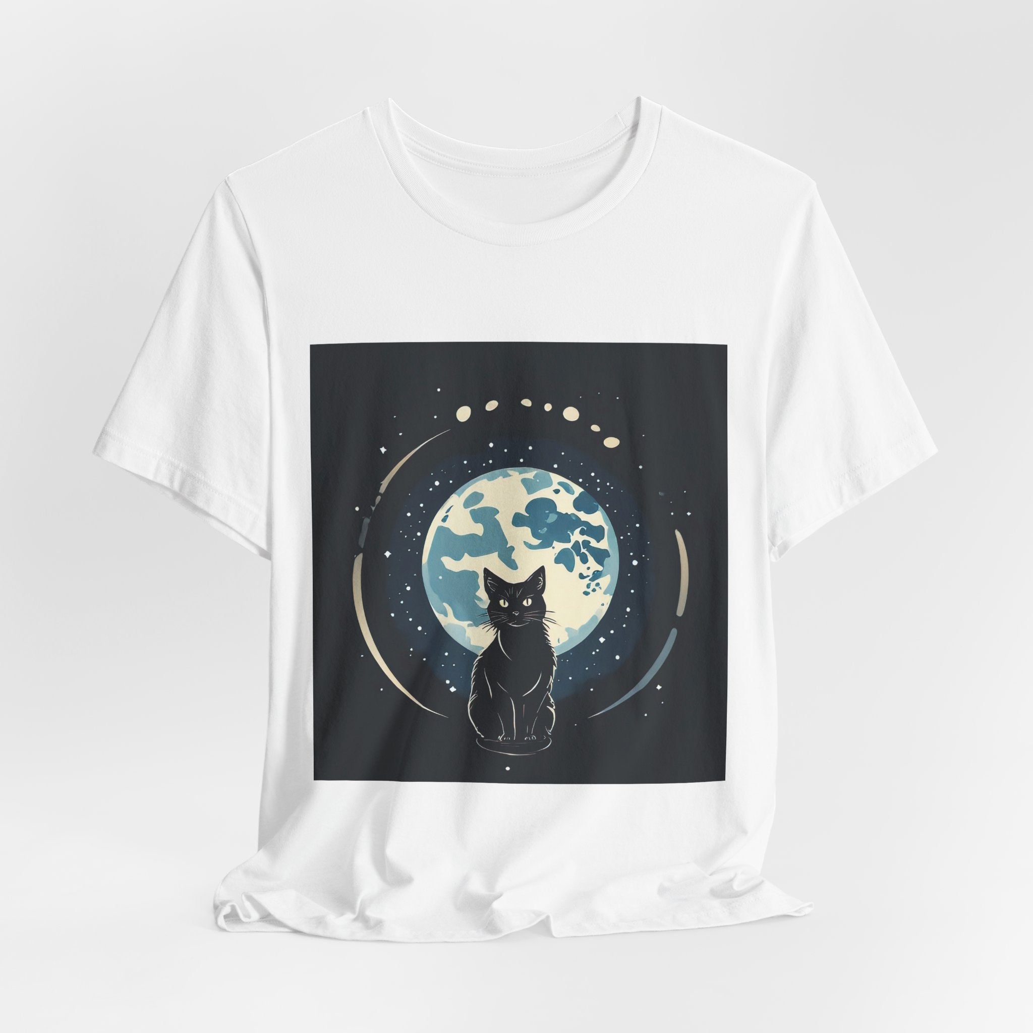 Moonlit Cat T‑Shirt — Black Cat Silhouette with Full Moon Graphic