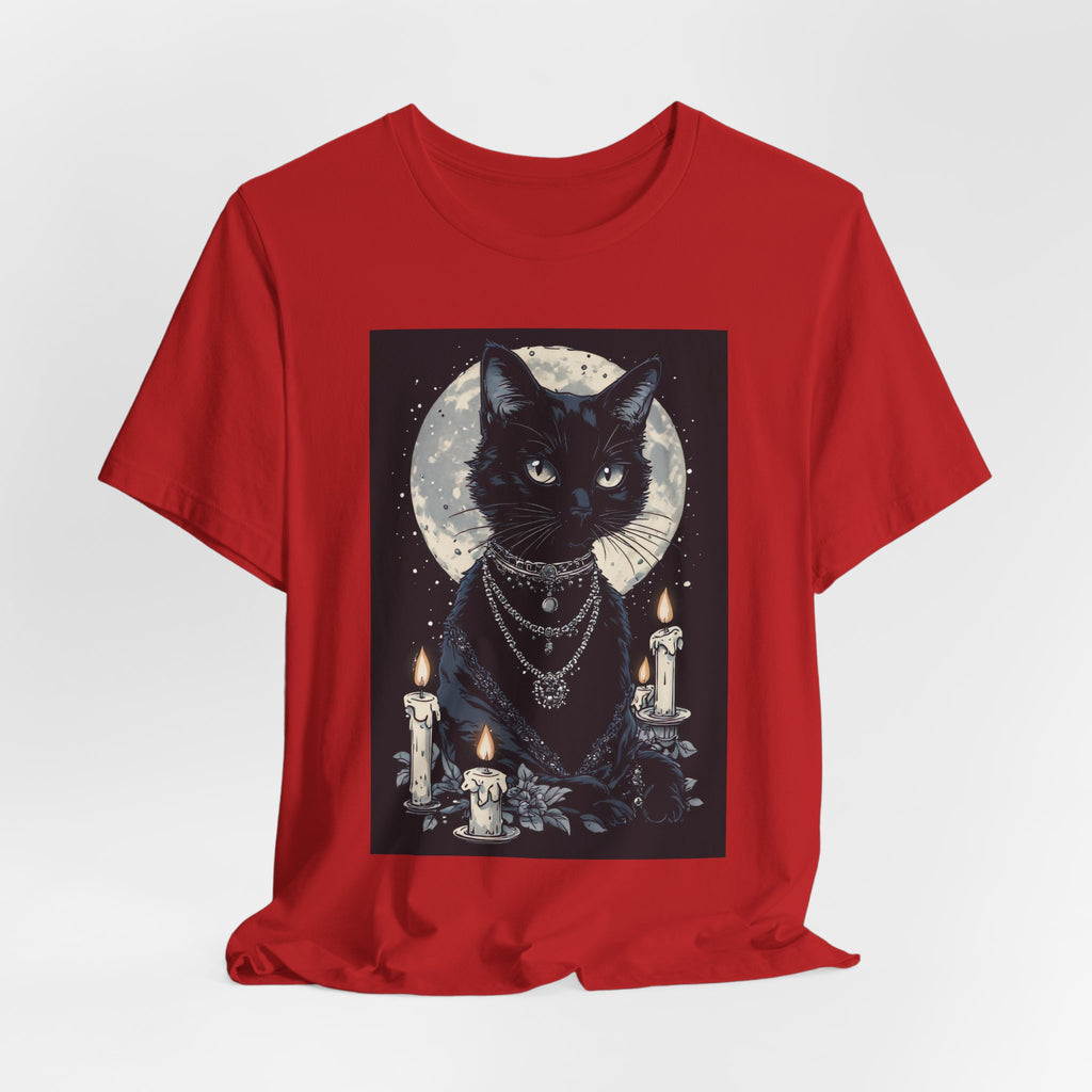 Mystic Moon Black Cat Tee — Gothic Cat T-Shirt with Candles & Crescent Moon