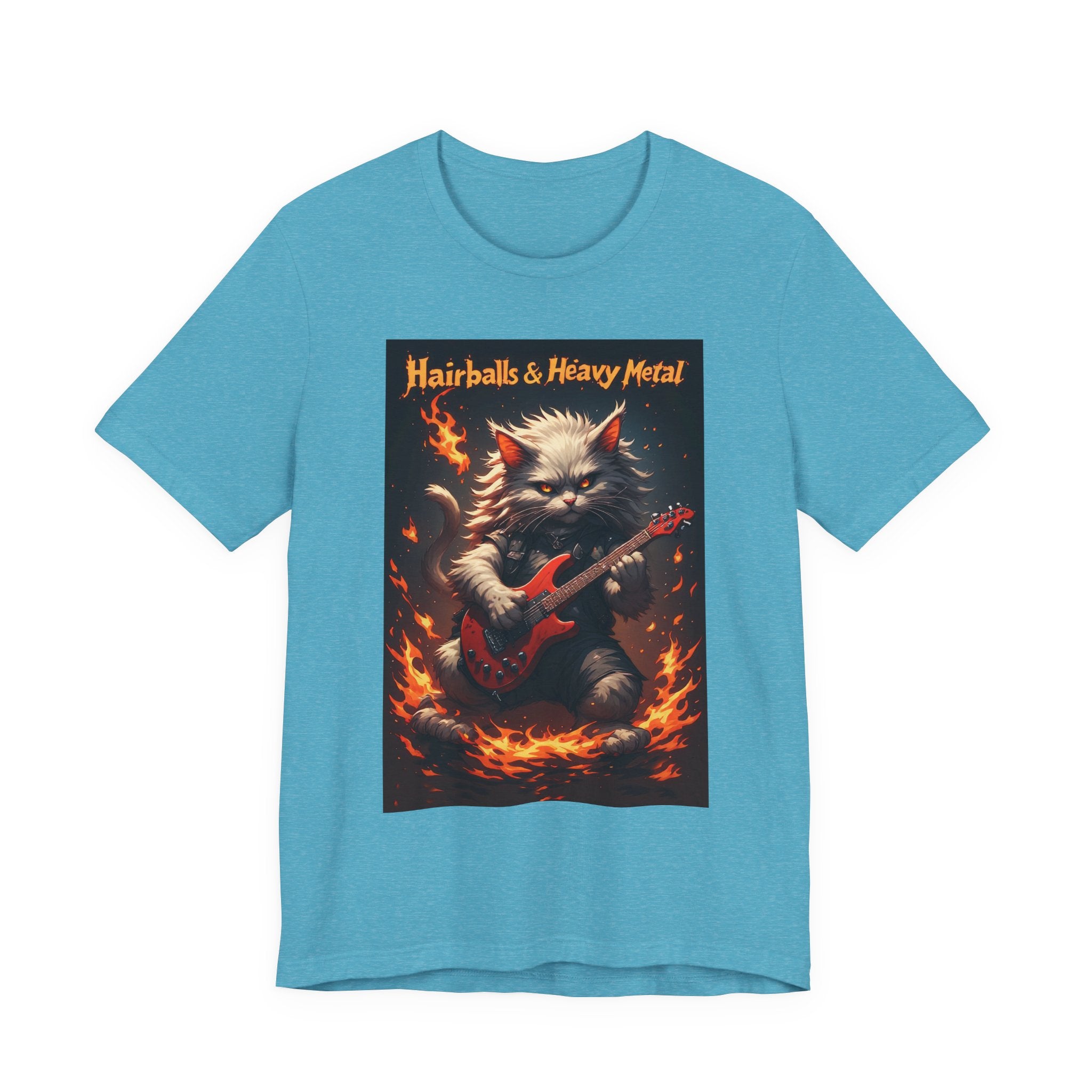 Hairballs & Heavy Metal T‑Shirt — Cat Guitarist Rock Tee