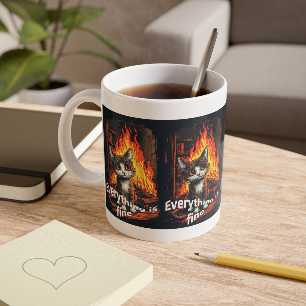 Everything Is Fine Cat Mug — Funny Kawaii Cat in Flames Coffee Mug