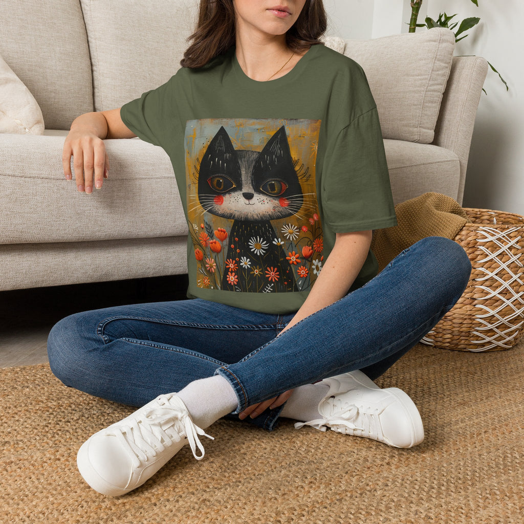 Whimsical Black & White Cat Tee — Cute Floral Portrait T-Shirt