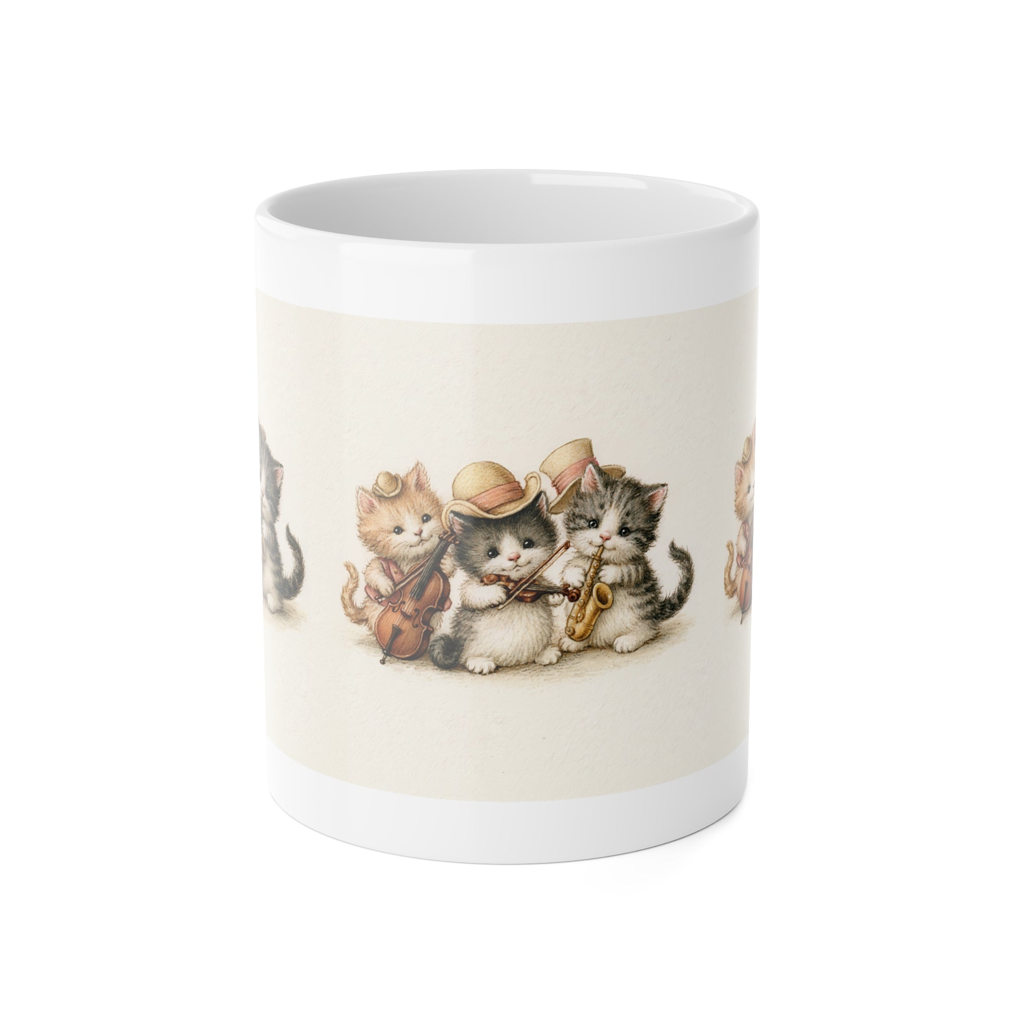 Cute Kitten Band Ceramic Mug — 11oz Coffee Cup with Vintage Cat Musicians