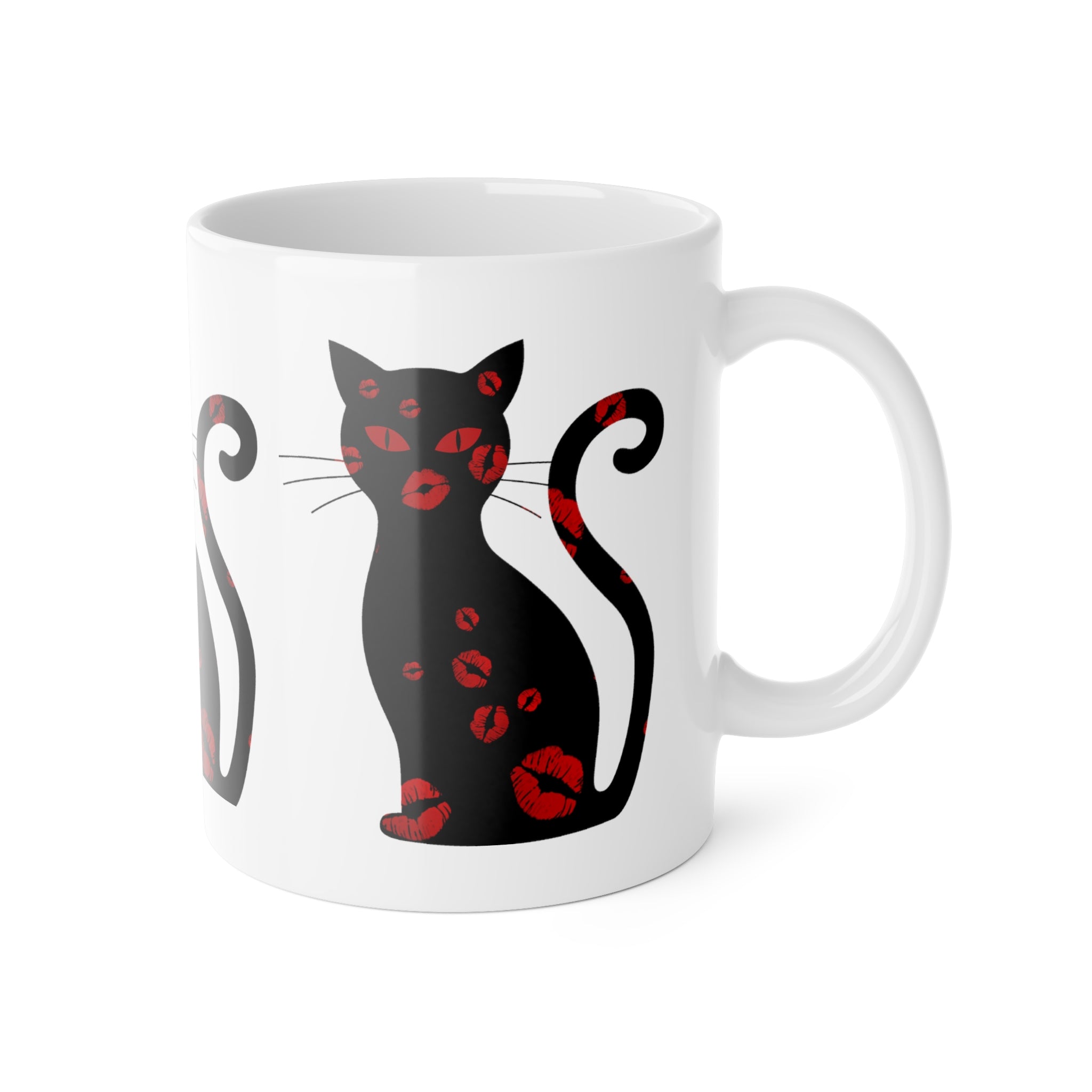 Black Cat Kiss Mug — 11oz Ceramic Coffee Cup with Red Lipstick Prints