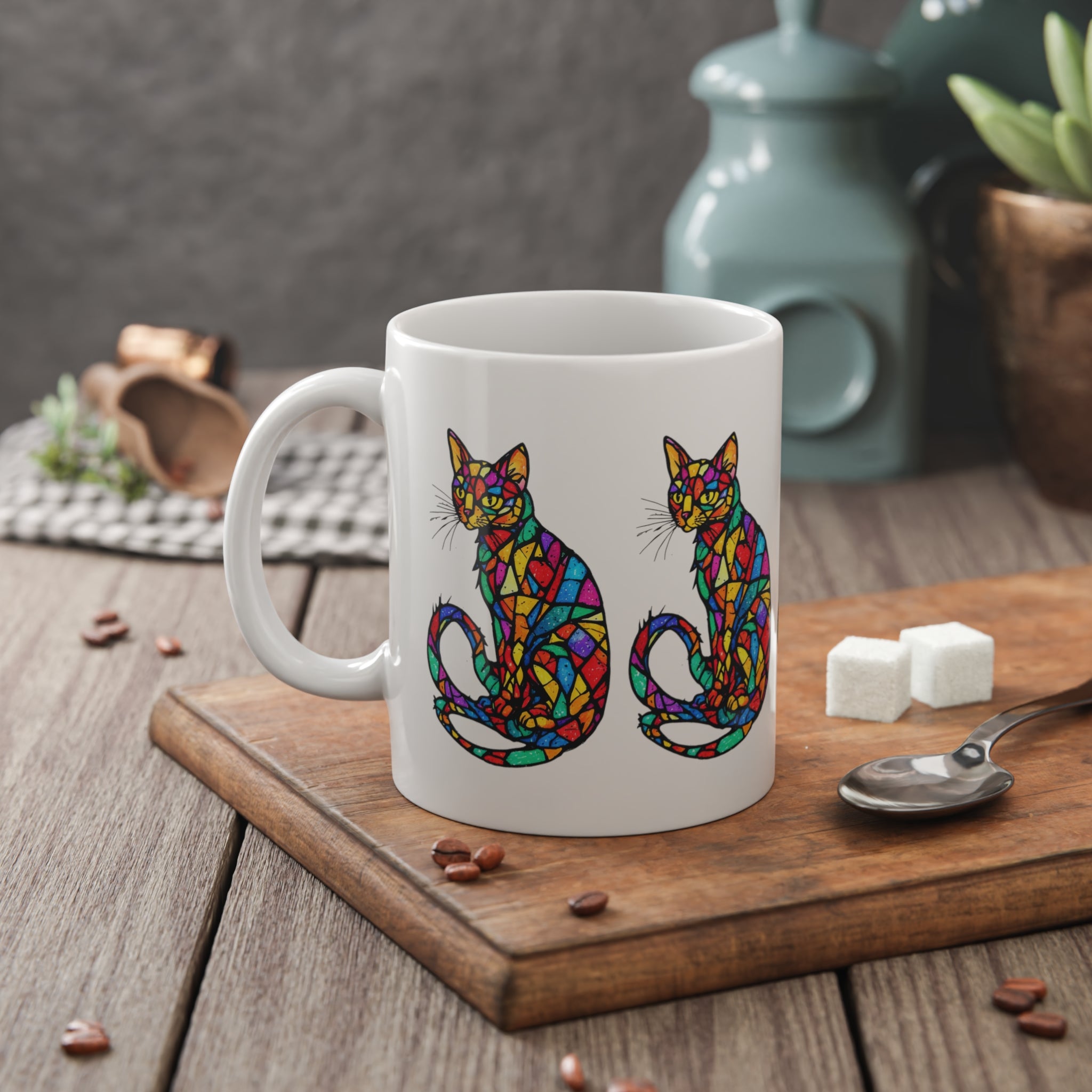 Colorful Stained-Glass Cat Mug — 11oz Ceramic Coffee Cup
