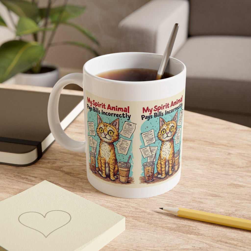 Cat Mug — “My Spirit Animal Pays Bills Incorrectly” Funny Ceramic Coffee Cup