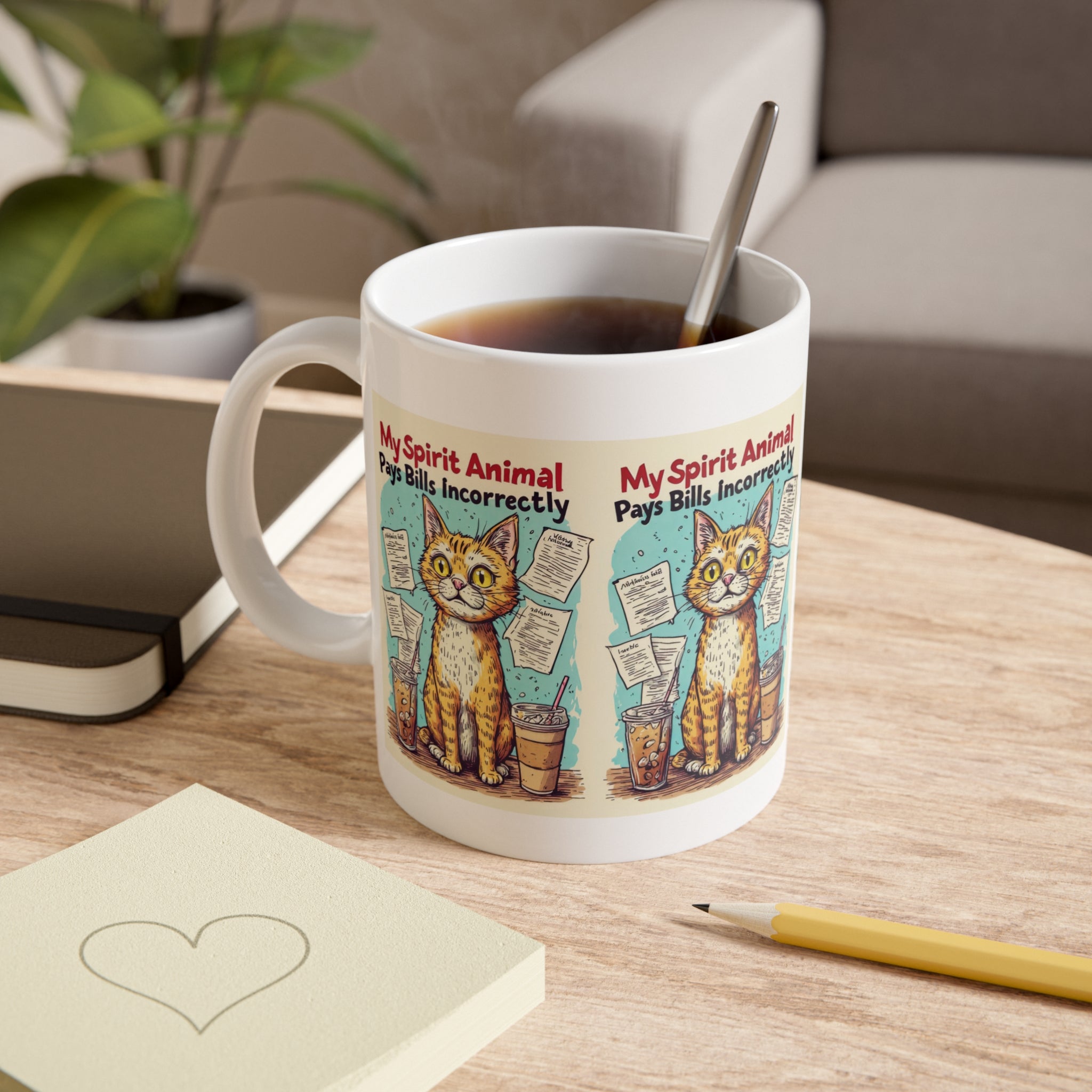 Cat Mug — “My Spirit Animal Pays Bills Incorrectly” Funny Ceramic Coffee Cup