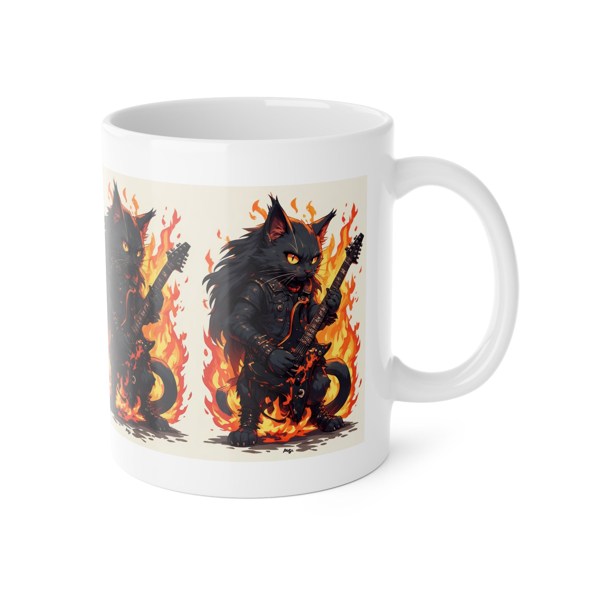 Flaming Rock Cat Mug — Black Cat Playing Electric Guitar Ceramic Coffee Cup