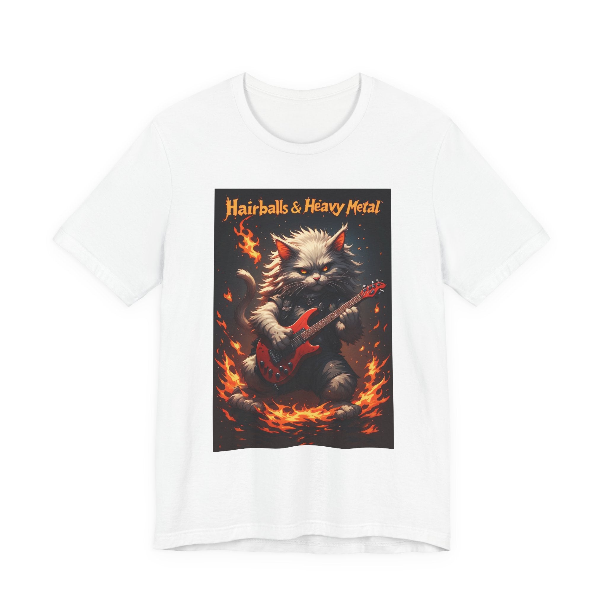 Hairballs & Heavy Metal T‑Shirt — Cat Guitarist Rock Tee