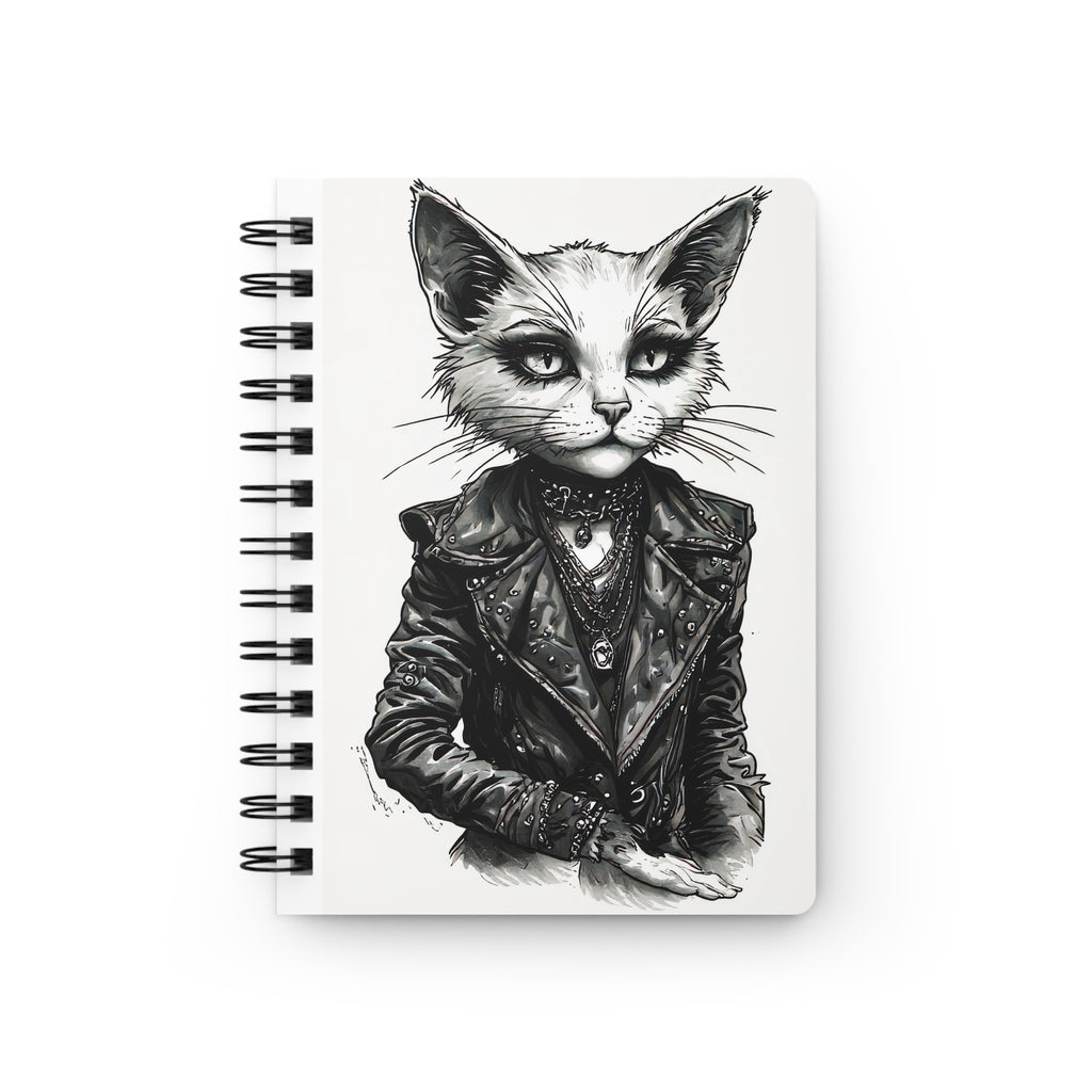 Gothic Cat Journal — Spiral-Bound Sketchbook with Punk Leather Jacket Illustration