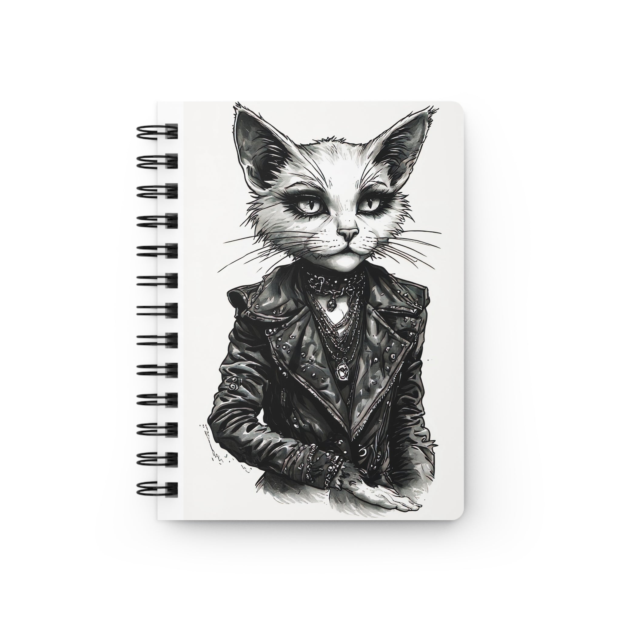 Gothic Cat Journal — Spiral-Bound Sketchbook with Punk Leather Jacket Illustration