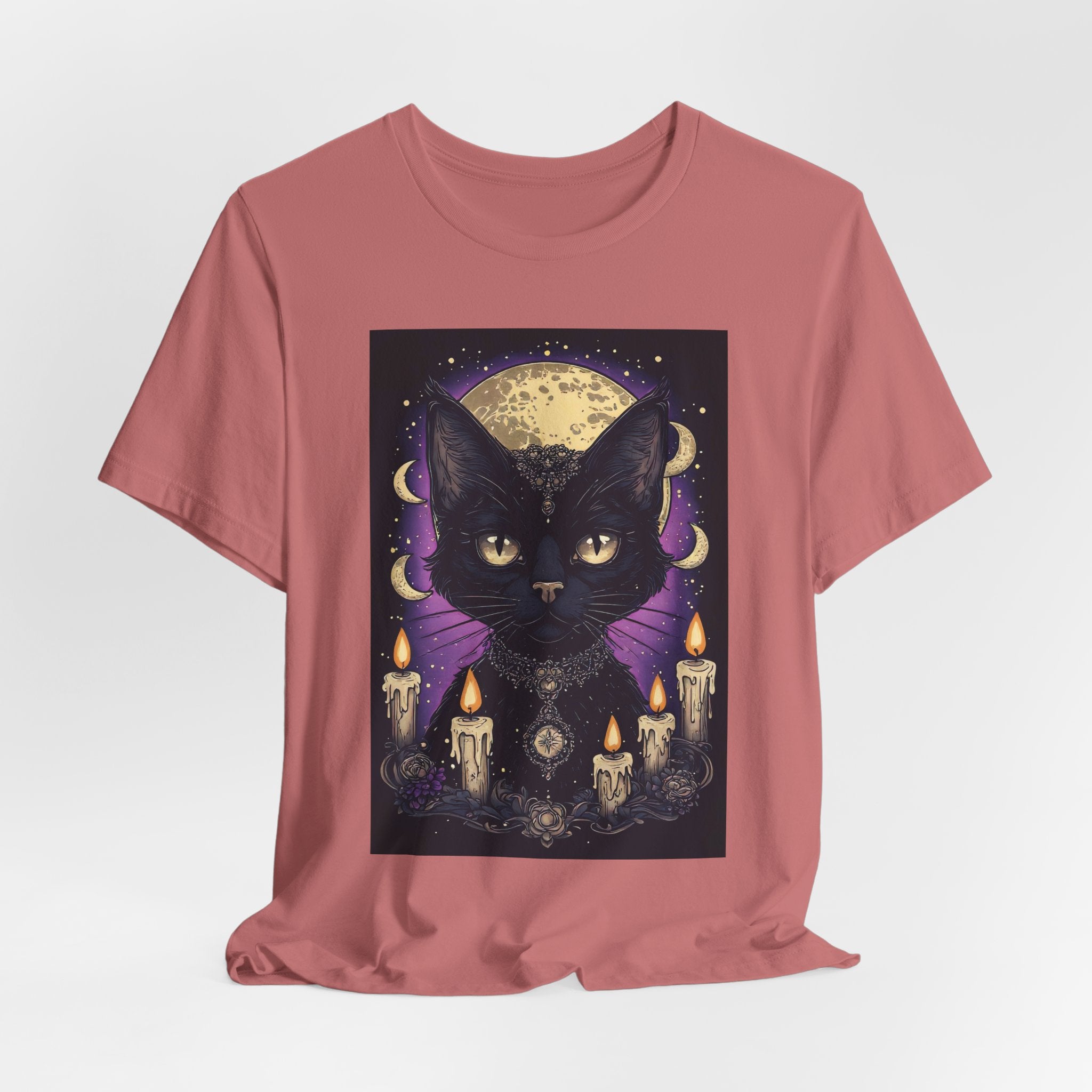 Mystic Black Cat Tee — Moon, Candles & Crescent Phases Graphic T-Shirt