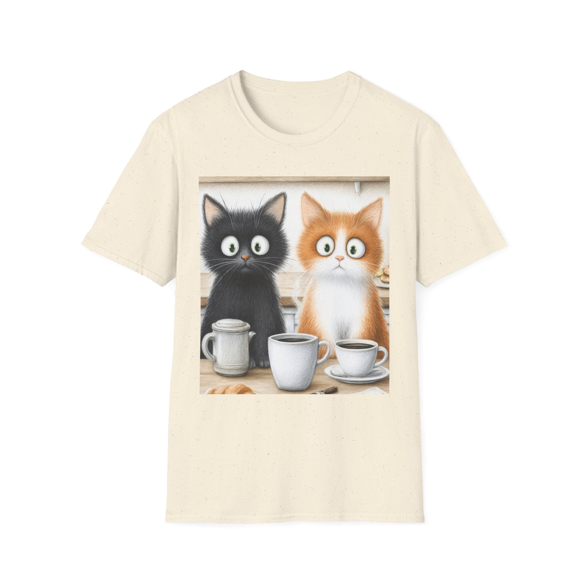 Cute Coffee Cats T‑Shirt — Wide‑Eyed Black & Ginger Kittens Graphic Tee