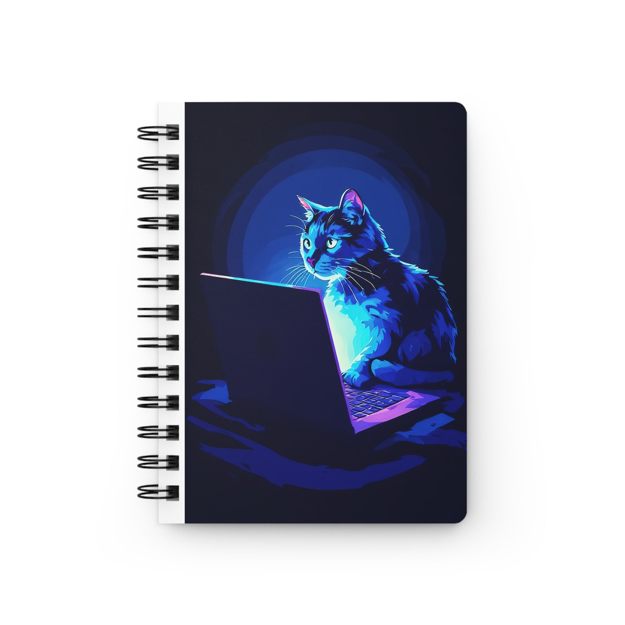 Glowing Laptop Cat Spiral Notebook — Cute Techie Cat Journal for Writers & Students