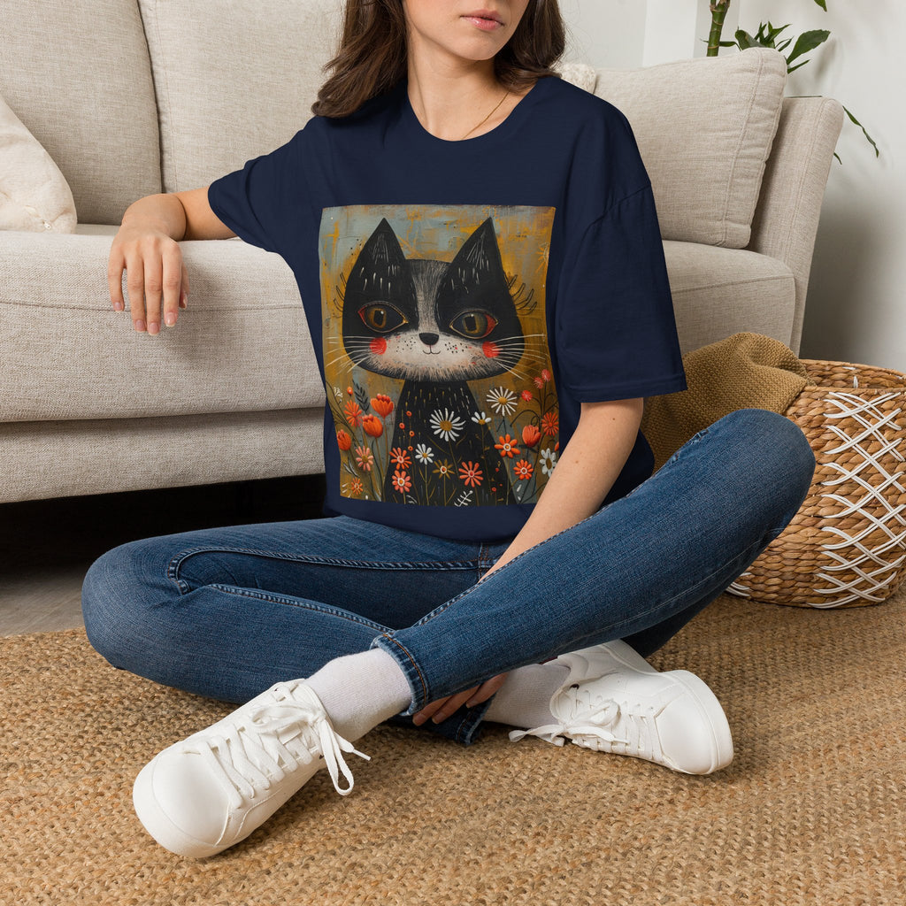 Whimsical Black & White Cat Tee — Cute Floral Portrait T-Shirt