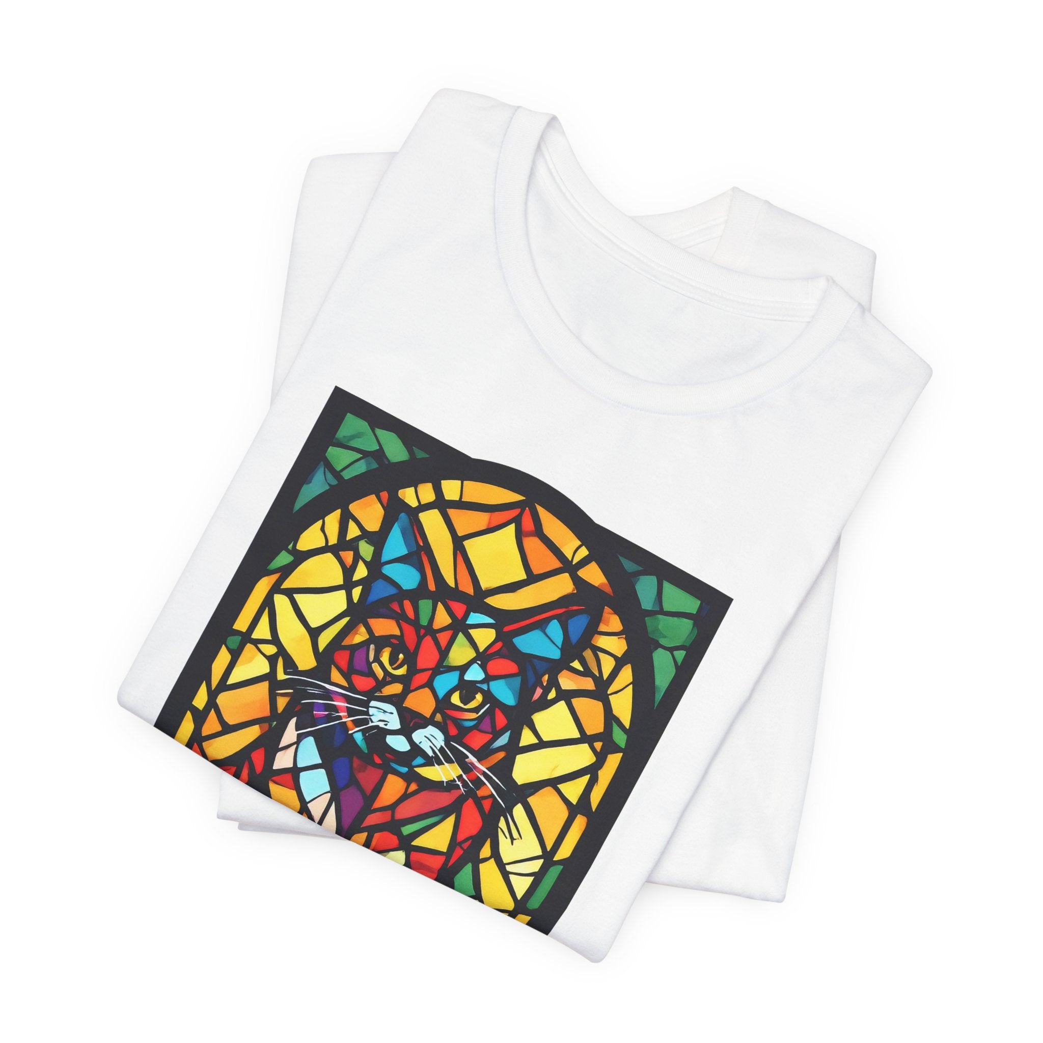 Stained Glass Cat T‑Shirt — Colorful Mosaic Feline Tee
