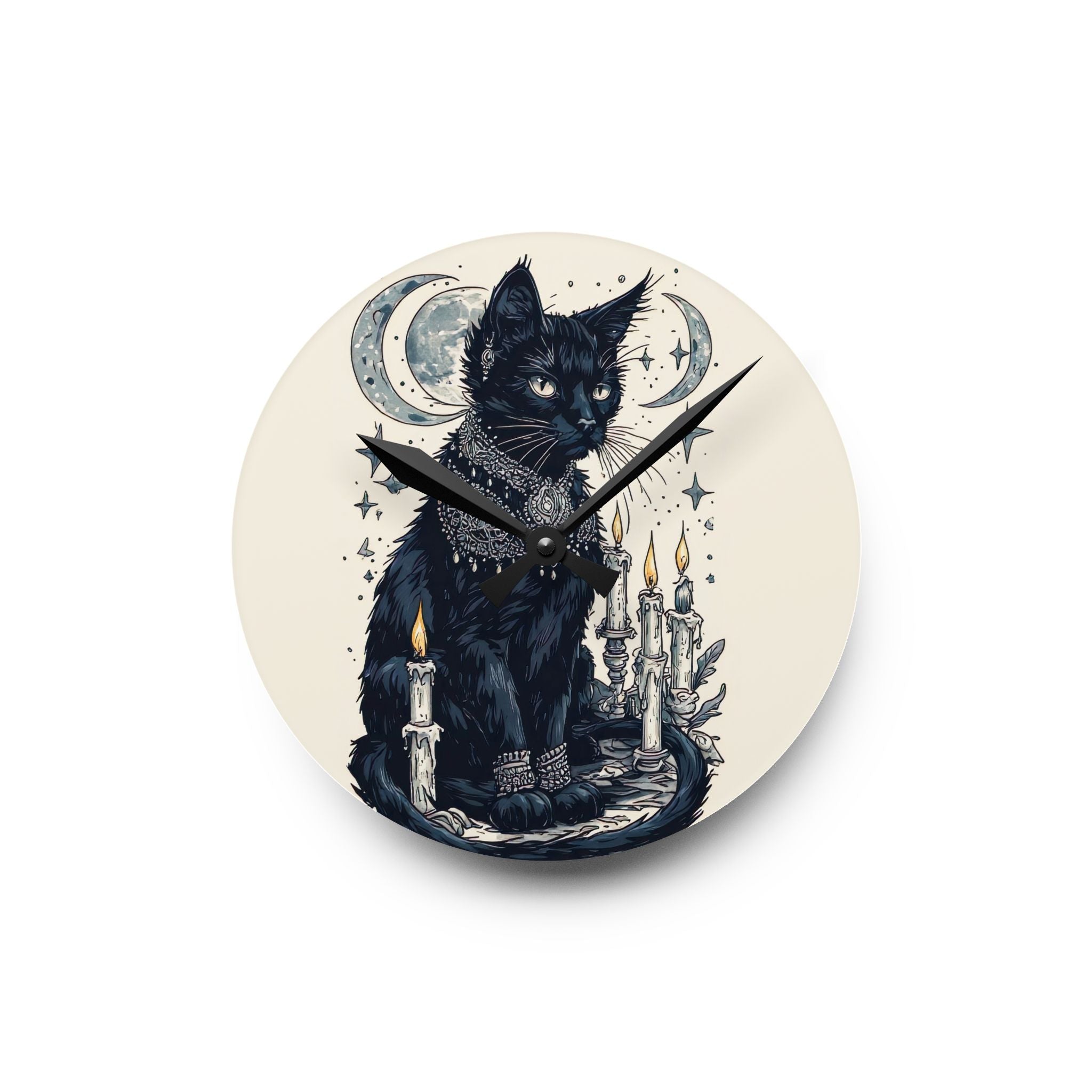 Celestial Black Cat Wall Clock – Mystical Moon & Candle Gothic Decor