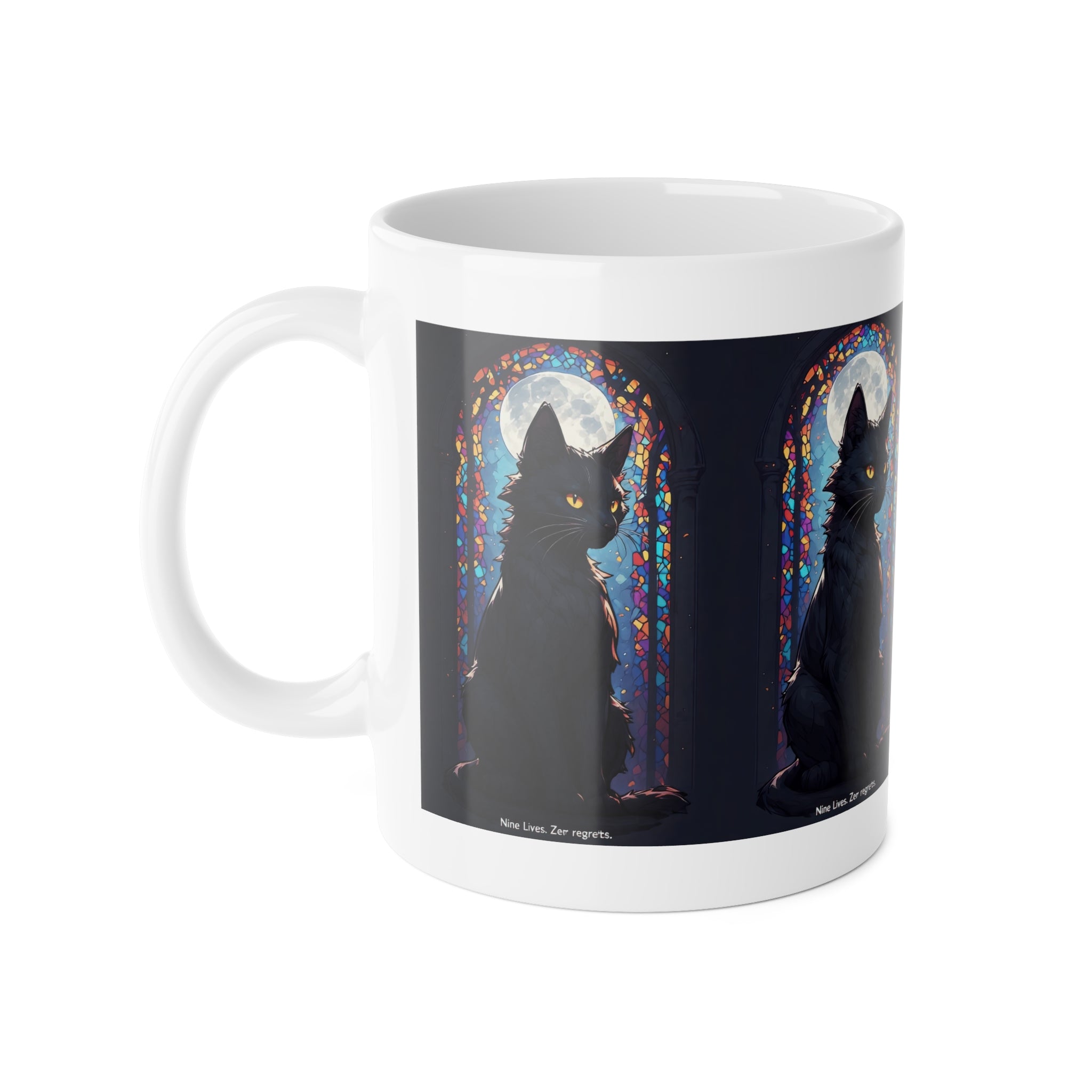 Black Cat Moon Mug — Mystical Stained Glass Cat Coffee Cup